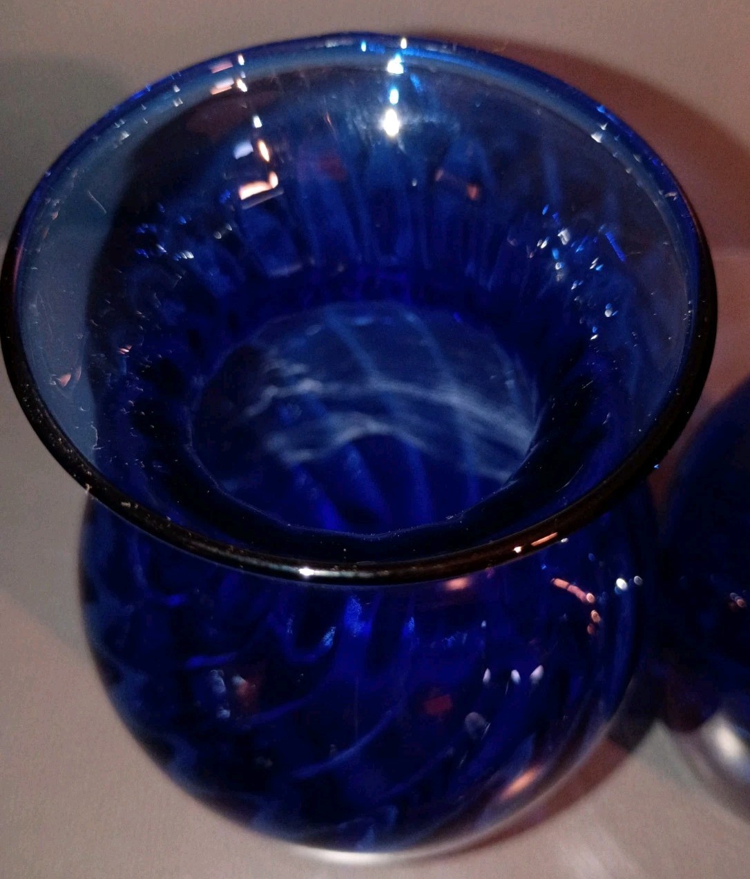 Vintage Pair Of Cobalt Blue Glass Vases 5.5″ Tall 2.75″ Dia Optic Swirl Perfect!