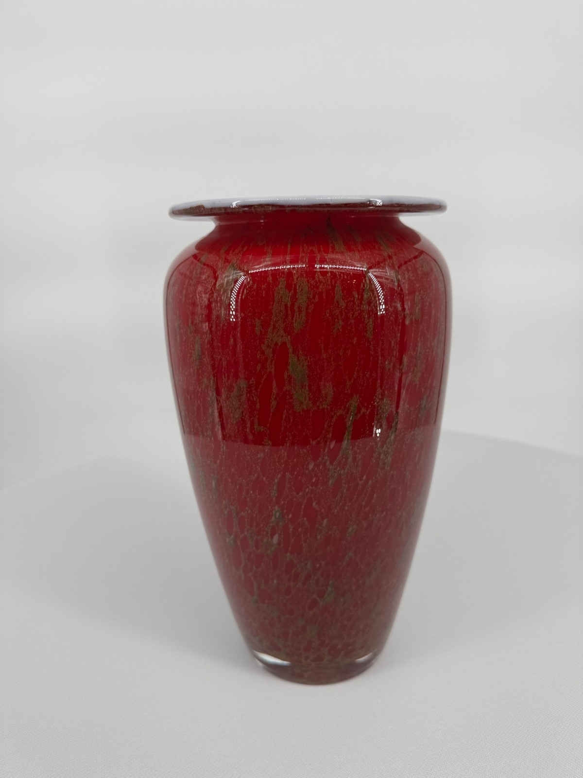 Art Glass Vase Red, Gold and Sage with White Rim 10.5″ tall Beautiful! #479