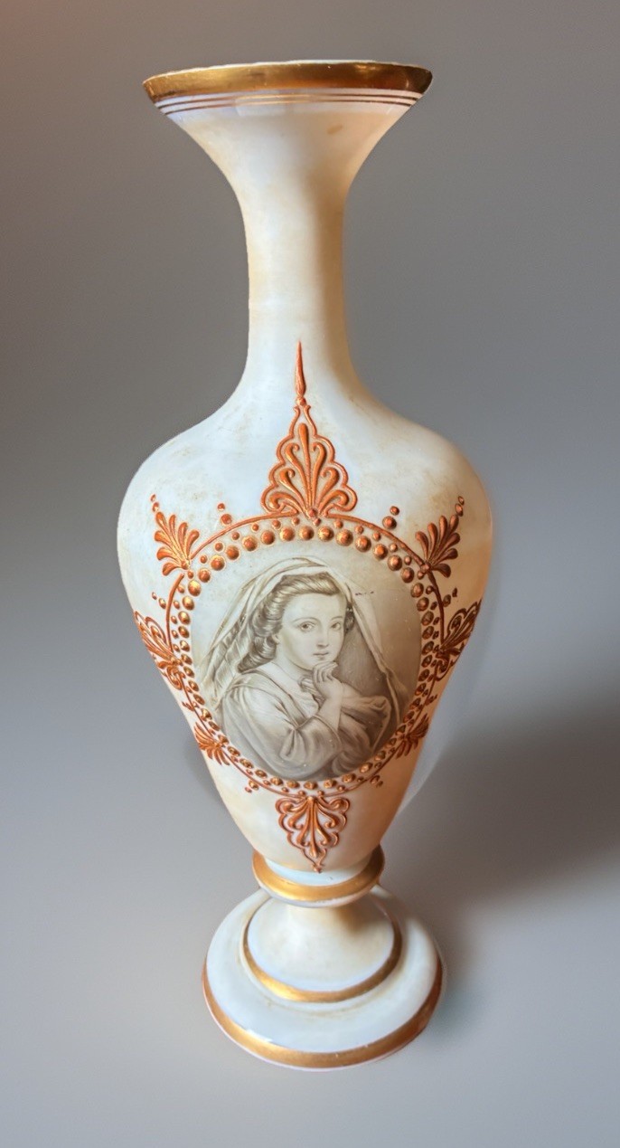 Baccarat Opaline Glass Vase With Hand Painted Woman Signed