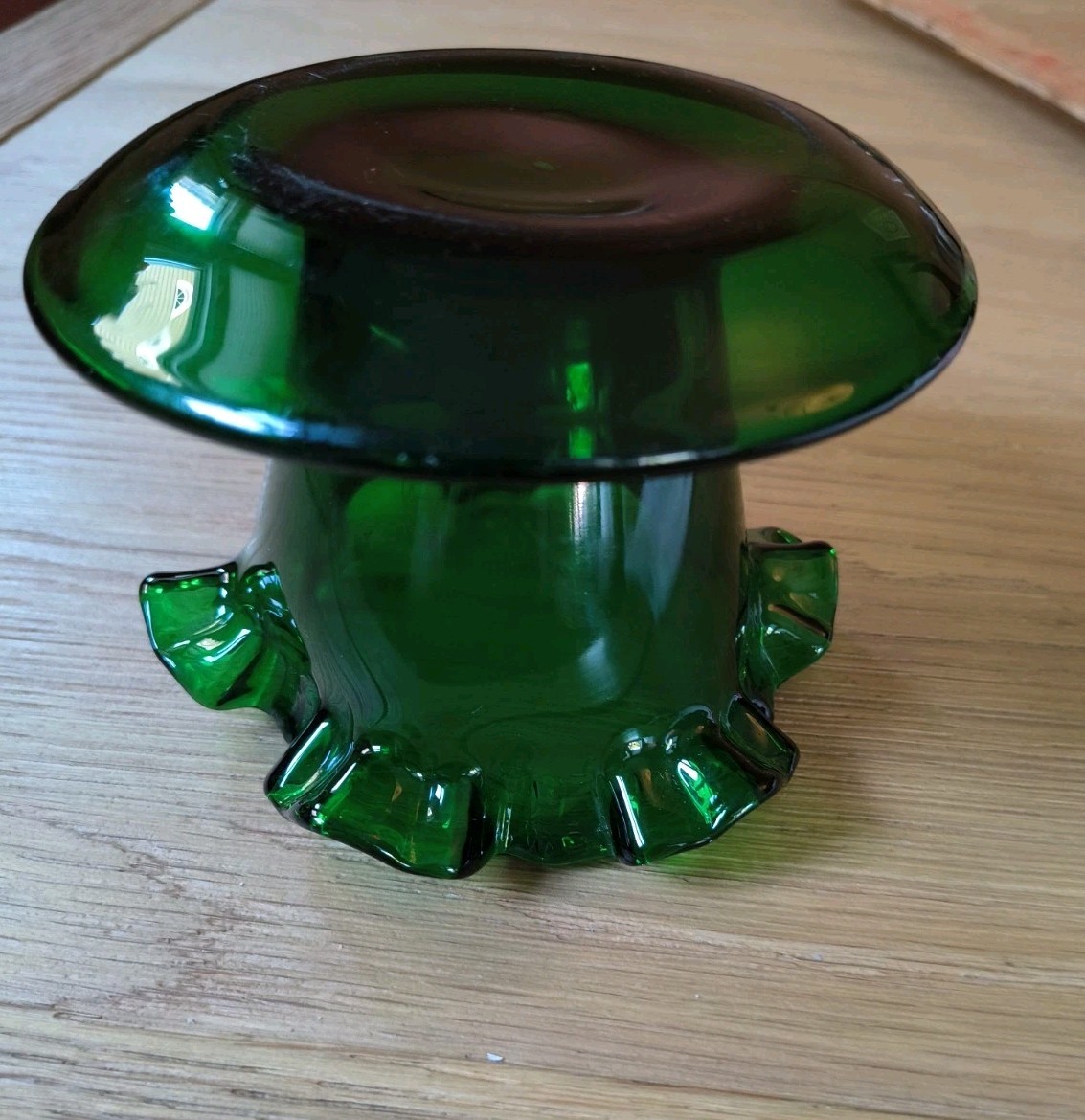 Vintage Fenton Forest Green Glass Ruffled Flower Pot Planter Attached Saucer