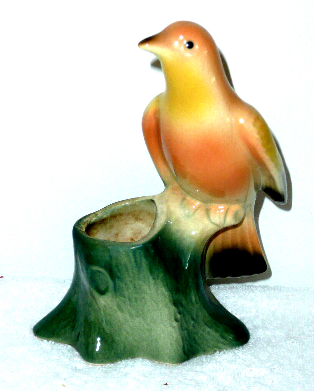 Royal Copley – Ceramic Orange Tanager Bird On Tree Stump Planter Vintage 6.25″