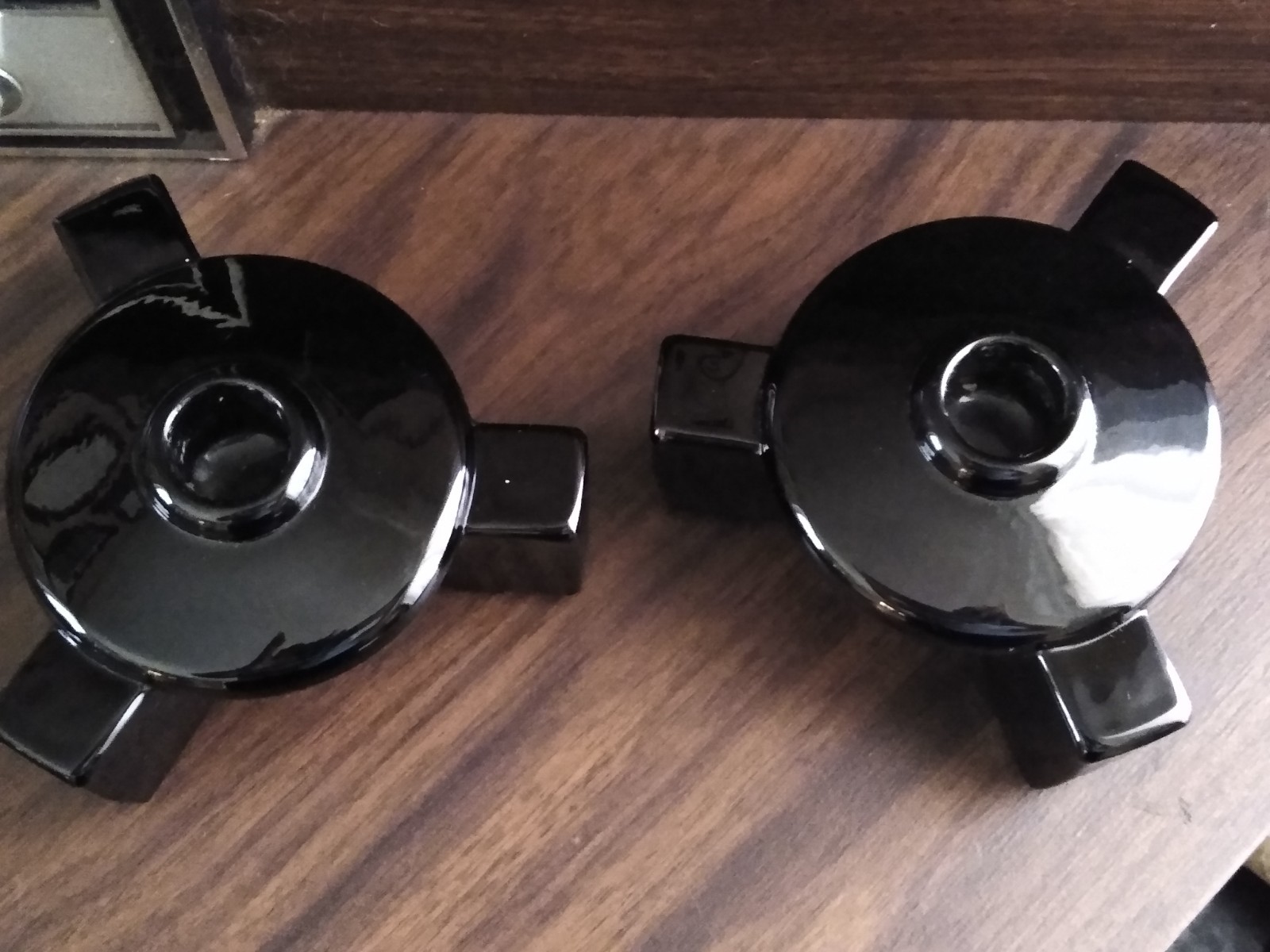 2 1950’s Black Glass Taper Candle Stick Holders *CHIPPED*