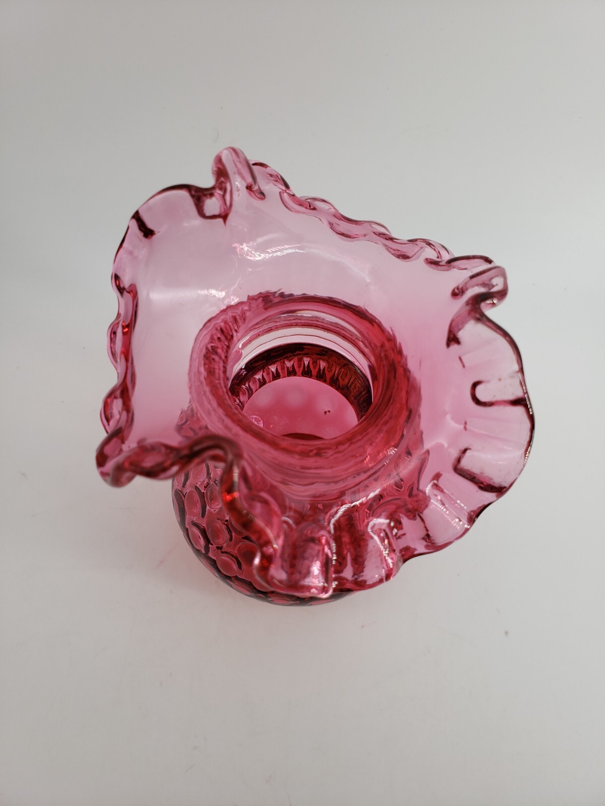 Fenton Cranberry Crimpled Edge Dot Optic Vase 5 3/4in tall