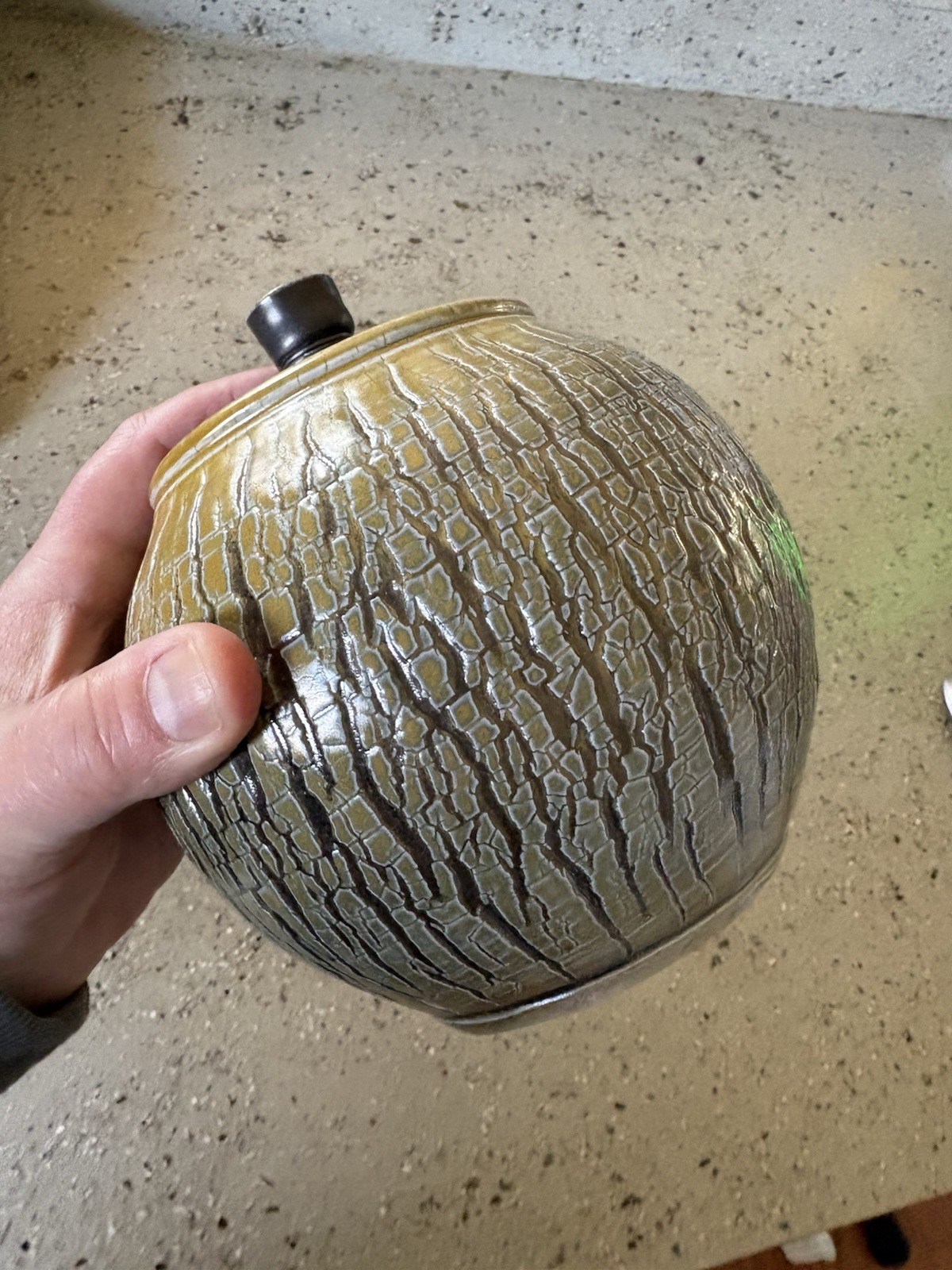 Raku Pine Bark Textured Glazed Studio Pottery Vessel – VERY RARE-Lidded Tea Jar!
