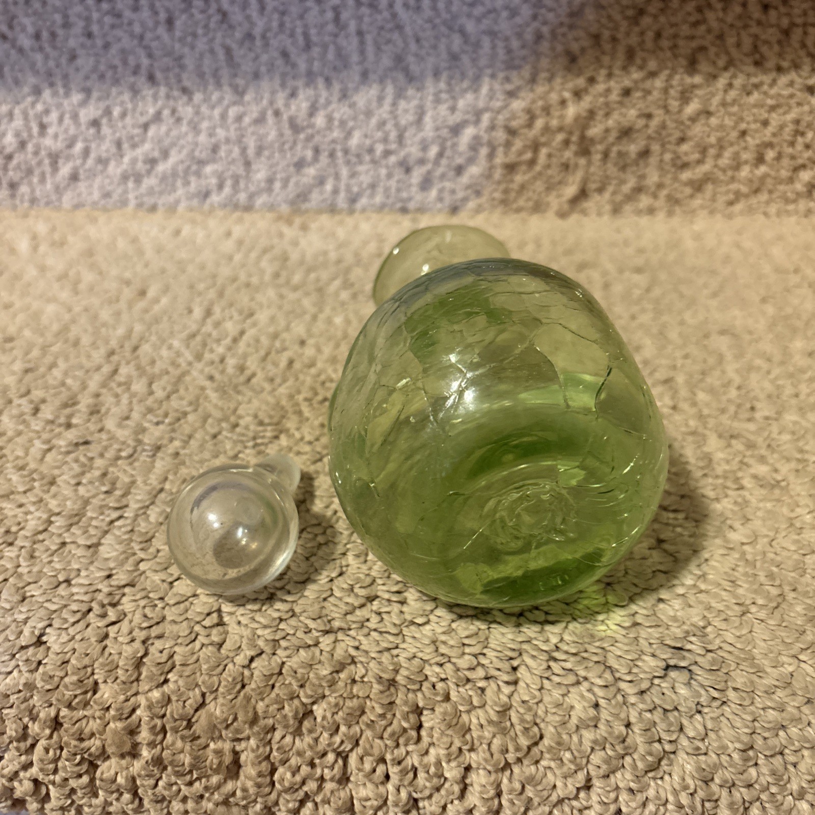 BISCHOFF Green Depression Crackle Art Glass Bottle DECANTER + Label Rare Item