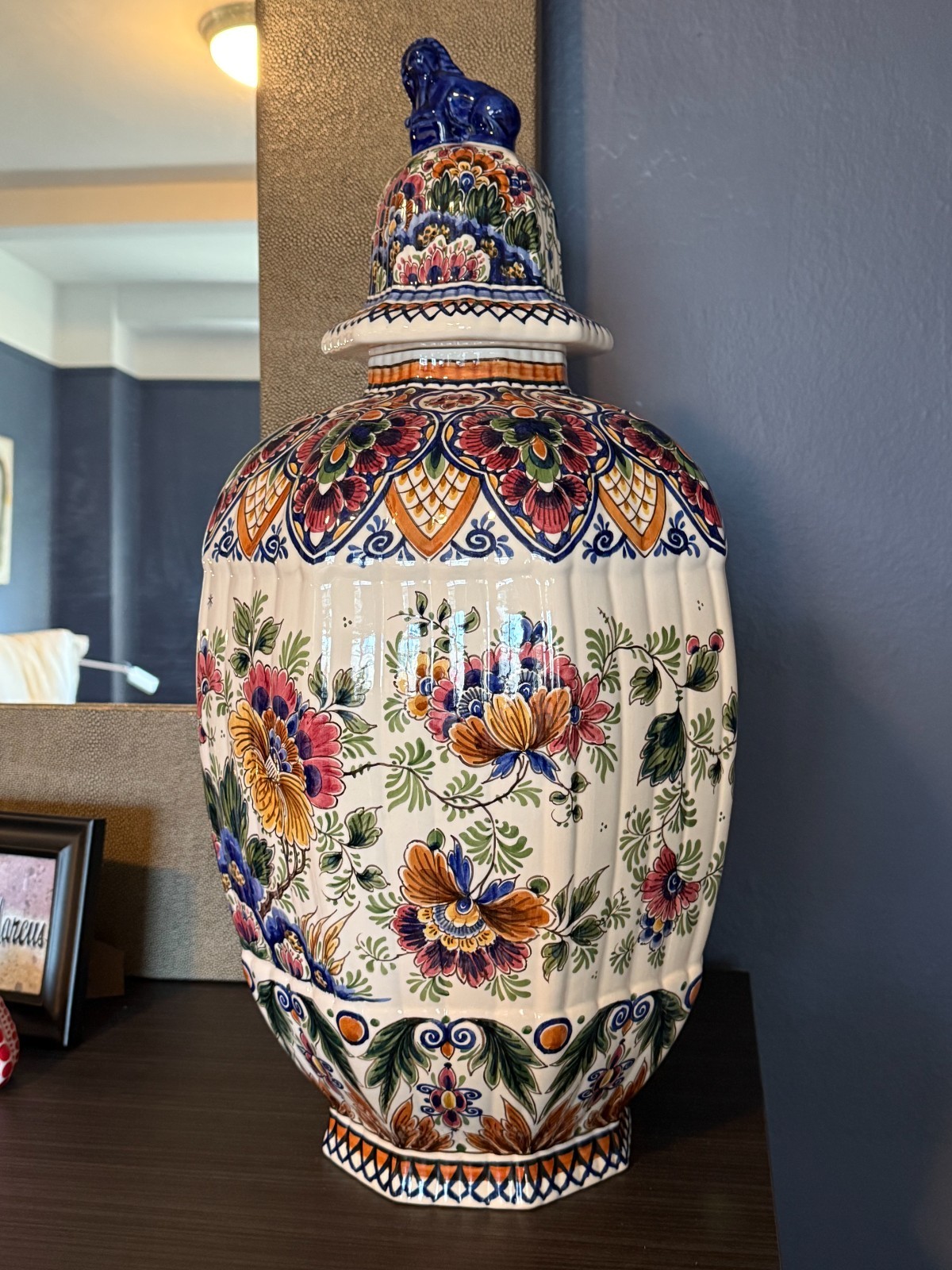 ROYAL DELFT Multicolor Floral GINGER JAR Urn 24″ with deep blue FOO DOG finial