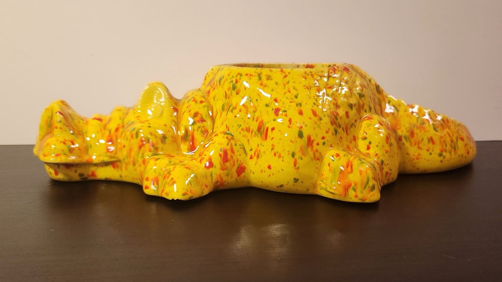 Cute Vintage Alligator Pottery Planter yellow speckled orange and green