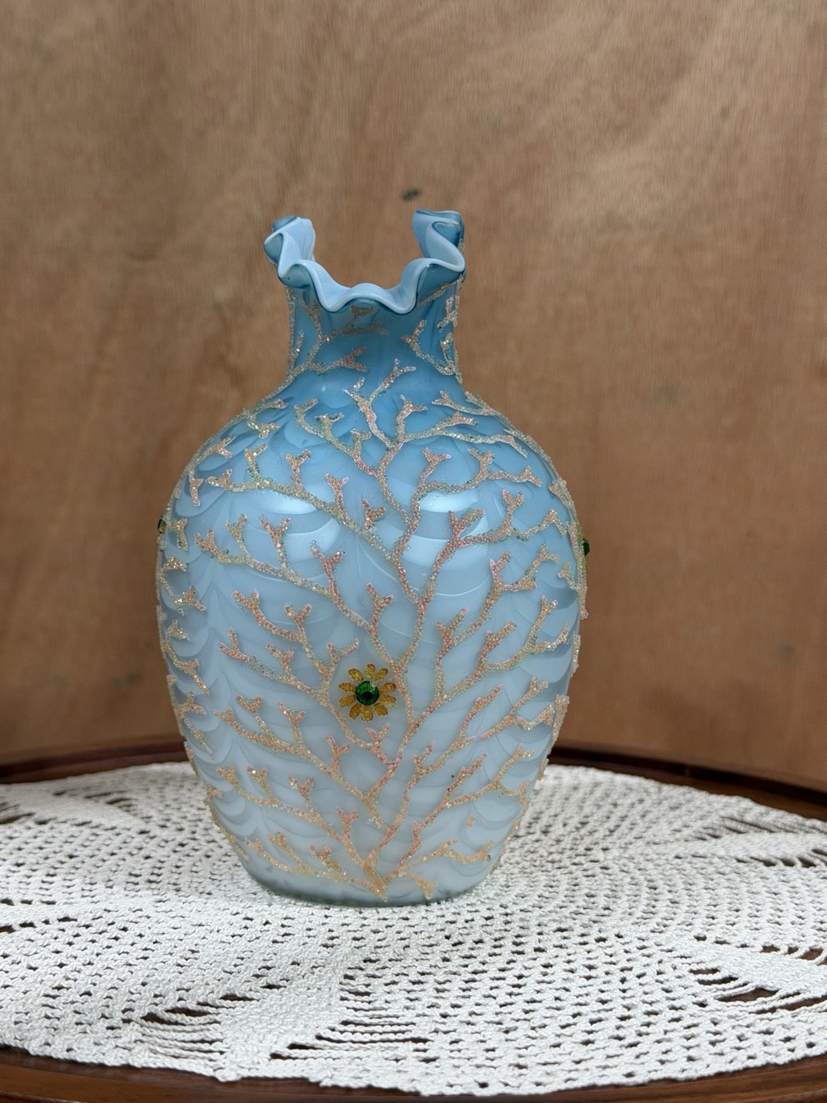 Mt. Washington CORALENE Satin Glass 5 3/4″ Vase, Seaweed Beaded Design, c. 1900