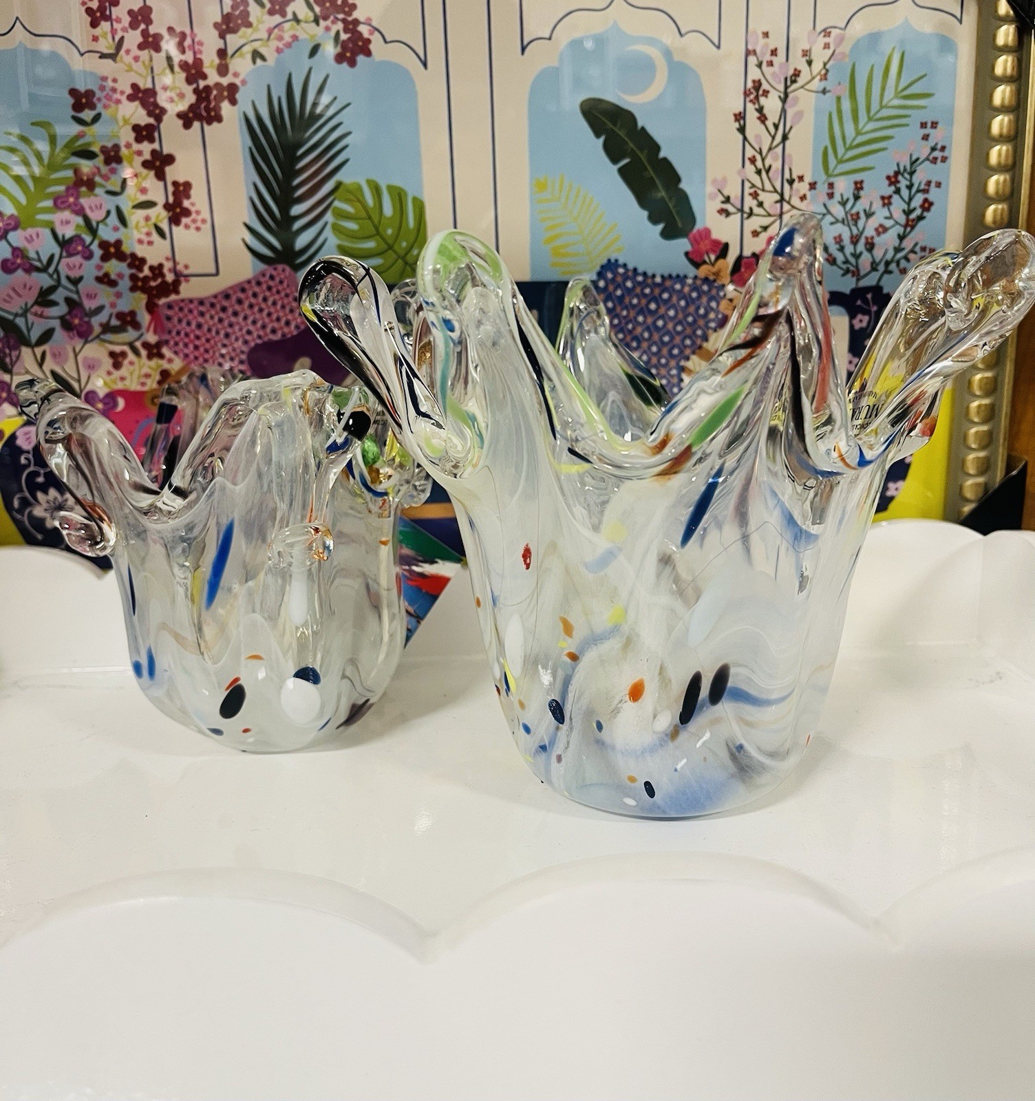 2 Set Vintage Murano Art Glasses Vase/Bowl Confetti And Multicolor Design