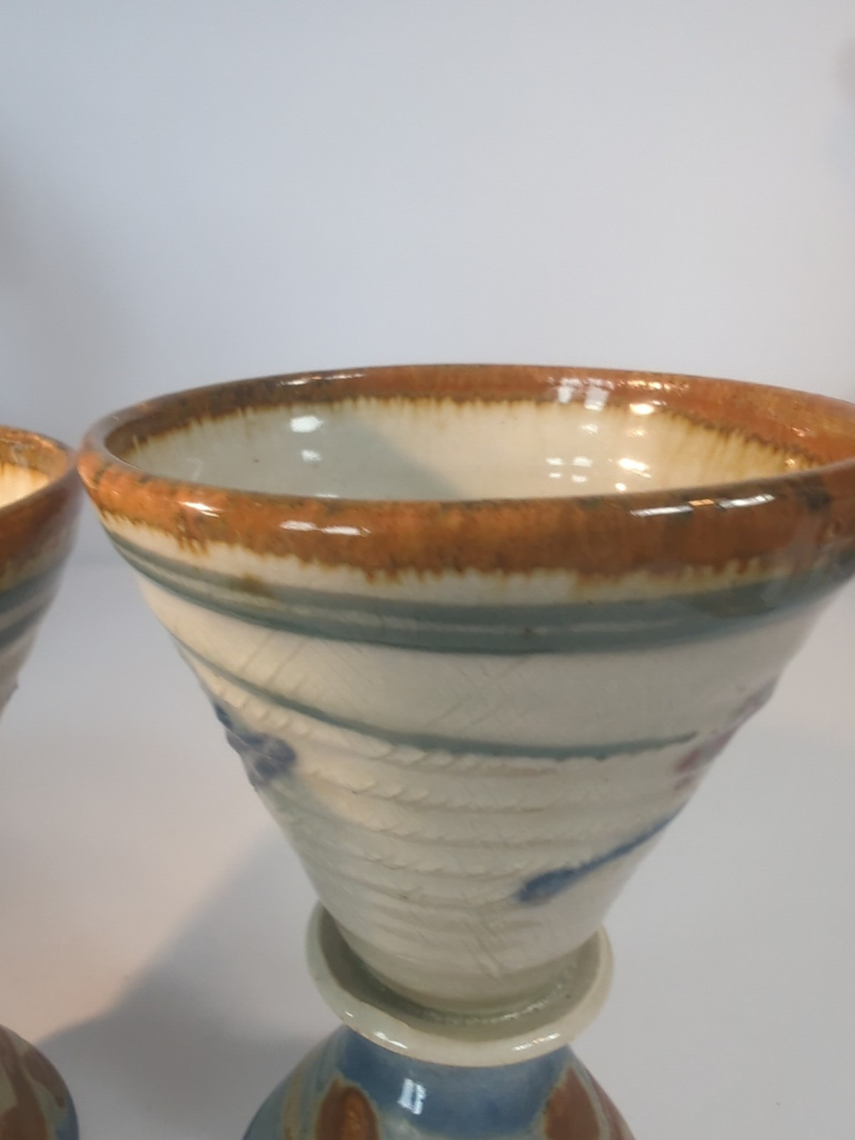 VTG. Studio Art Pottery Hand Thrown Blue Earth Tones Goblets/Vases 6″ Set Of 2