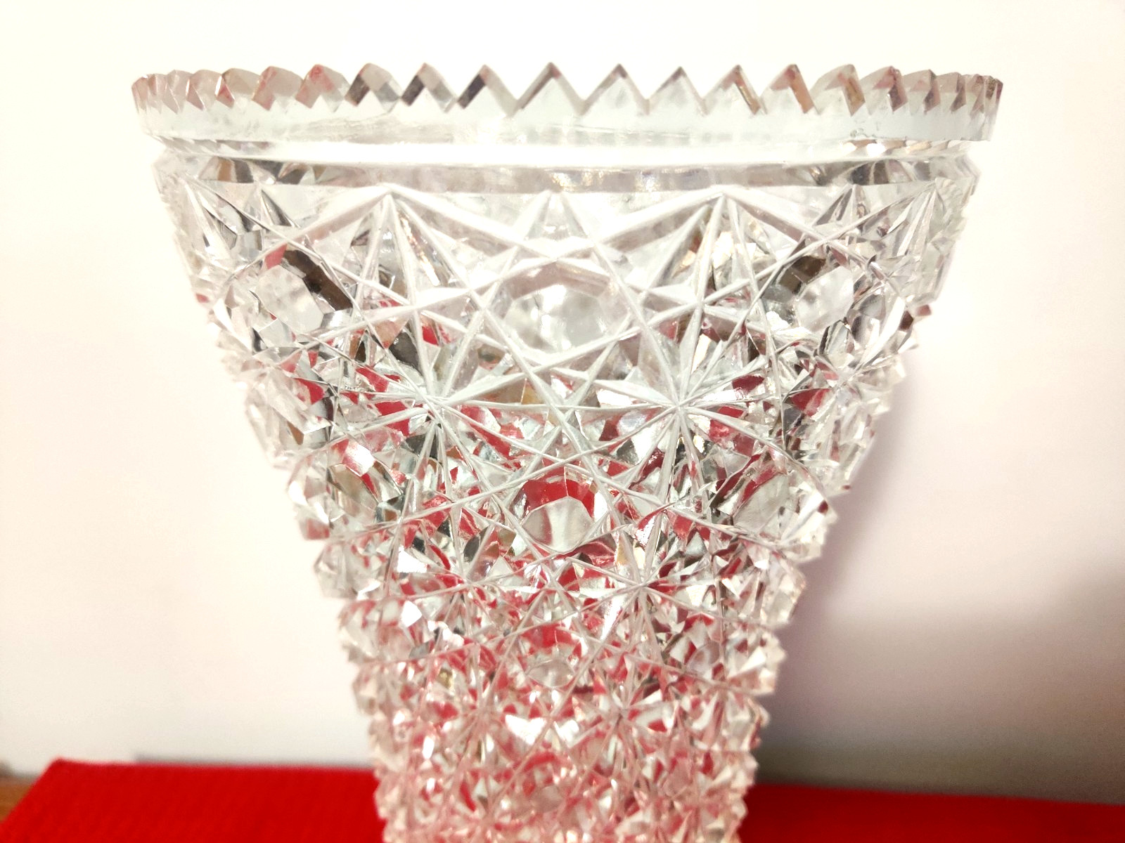 Huge 5lbs.8 oz Vintage CUT Glass 12 inch Daisy and Button Vase Saw Tooth Edge
