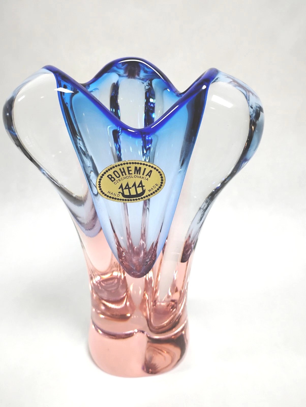 Vintage Bohemia Crystal Glass Blue & Pink Perfect Condition Vase 8″ Tall