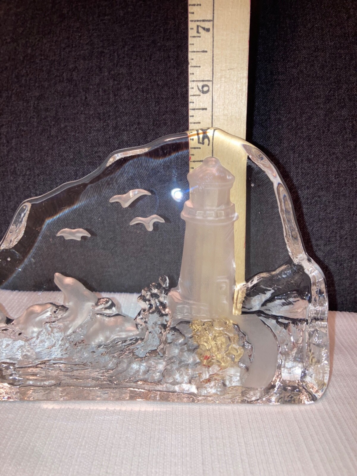 Glass Reverse Relief Etched Sculpture Decor Lighthouse Seascape Dolphins GIFT