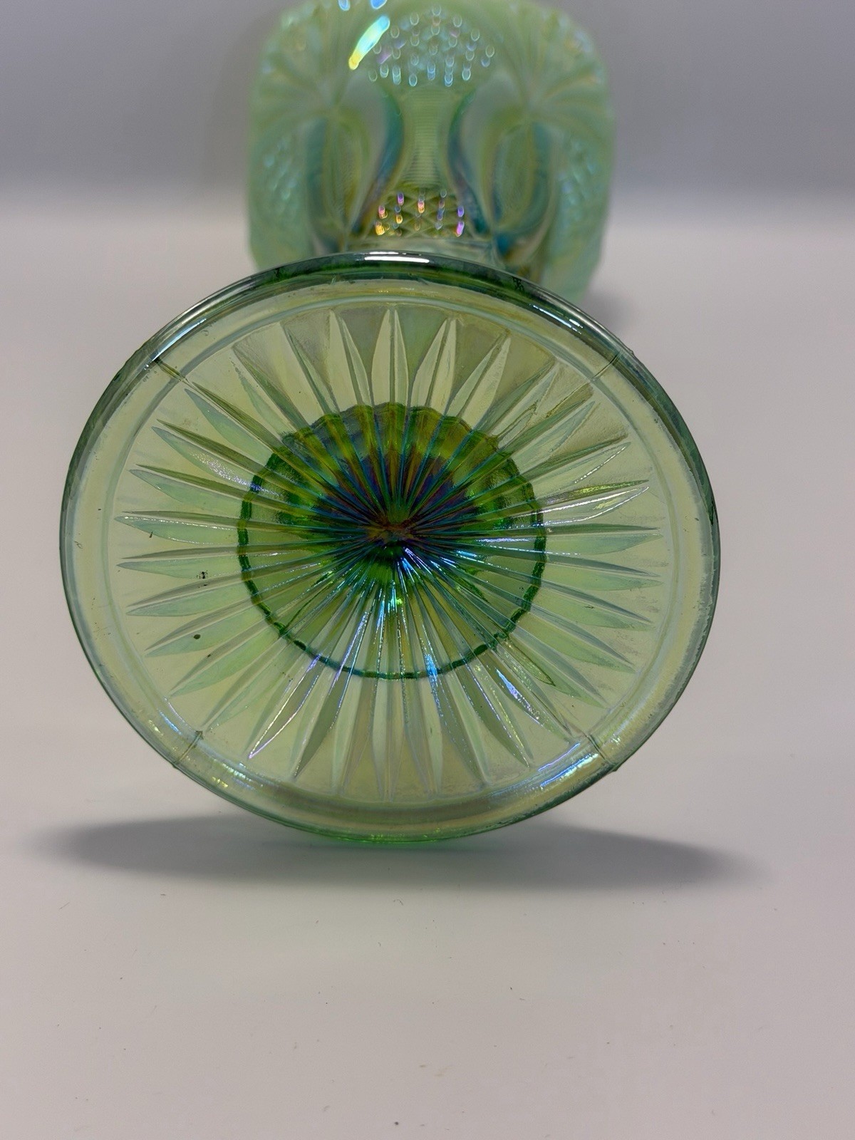 Vintage Jack in the Pulpit Green Iridescent Vase Carnival Glass 10”