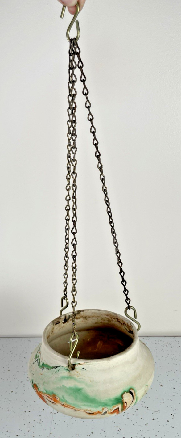 Vintage Nemadji Pottery USA Hanging Planter Pot wit Chain Swirled Orange Green