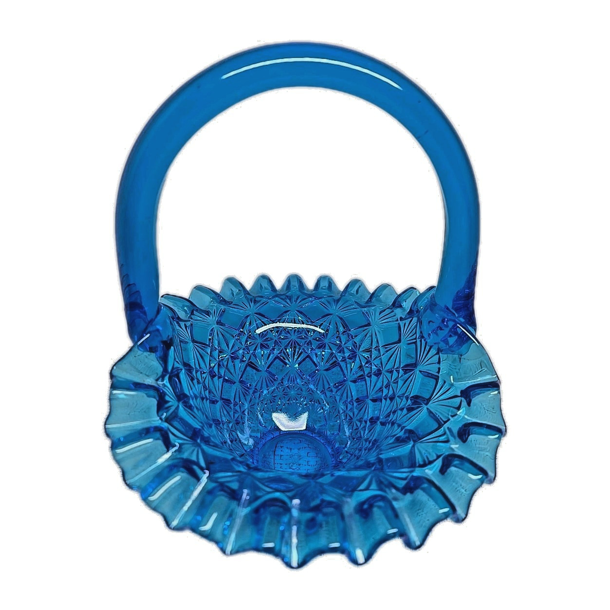Vintage Fenton Olde Virginia Art Glass Blue Ruffled Basket Pressed w/Handle 8”