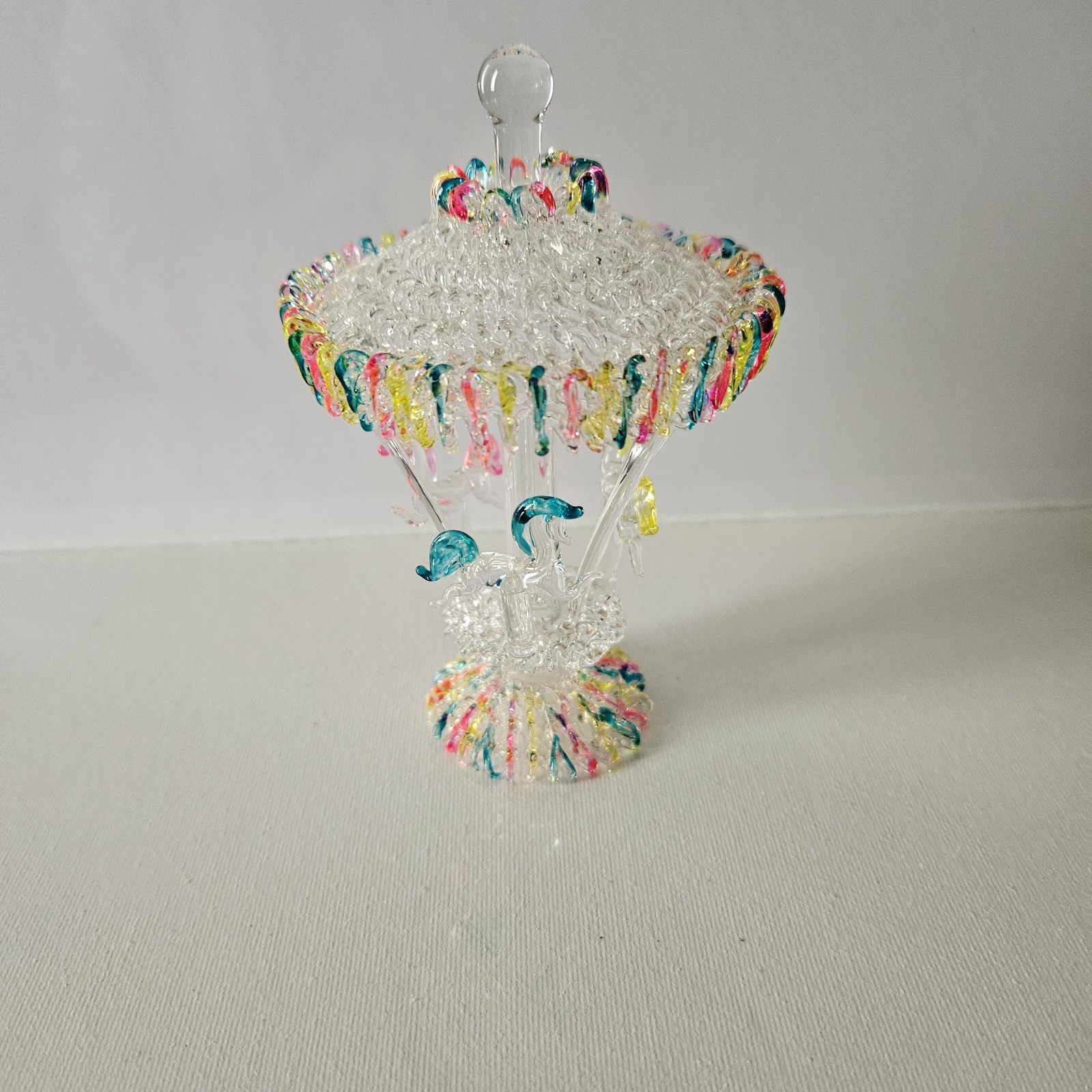 Spun Glass Carousel Figurine Vintage 3 Horses Pink Blue Yellow Spins 4.5″ Tall