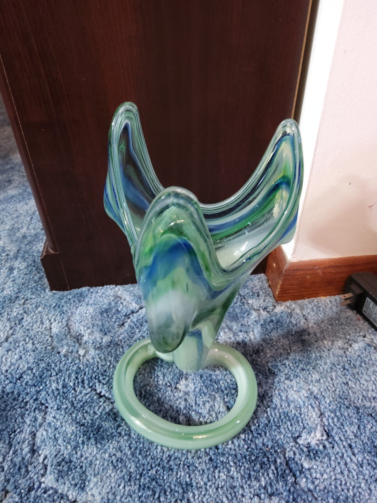 Hand Blown glass vase green, clear And Blue – Used (Vintage)
