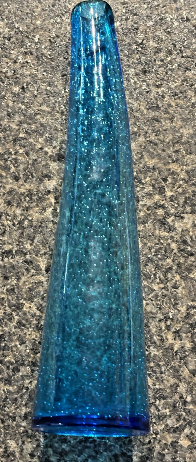 Hand Blown Margie’s Garden Aqua Turquoise Bubble Art Curved Glass Vase 13″ EXC