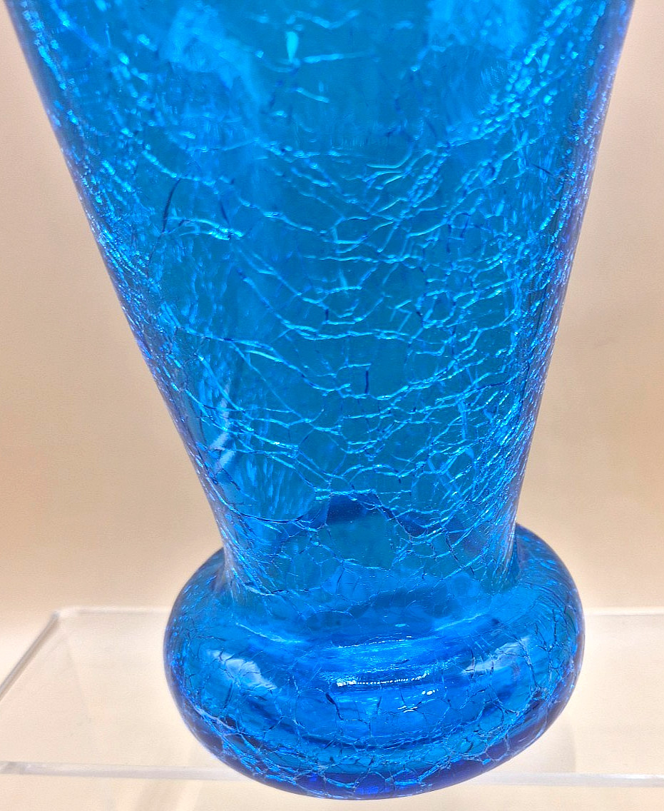 Vintage Beacon Blue Crackle Glass Ruffled Tulip Vase Pontil Base Excellent