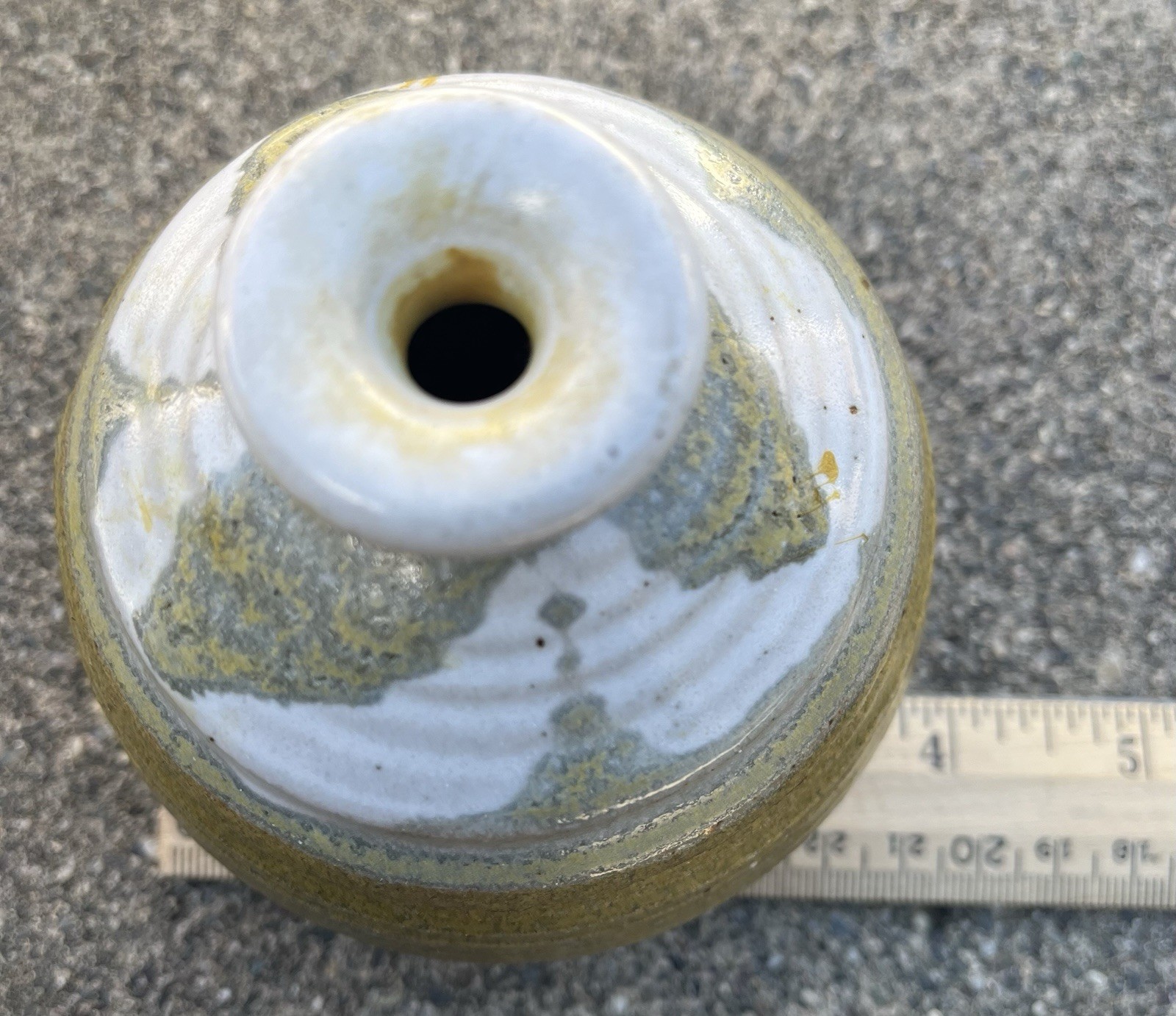 Vintage Pottery Green White Bud Vase 3.50″H 3.50”D Signed