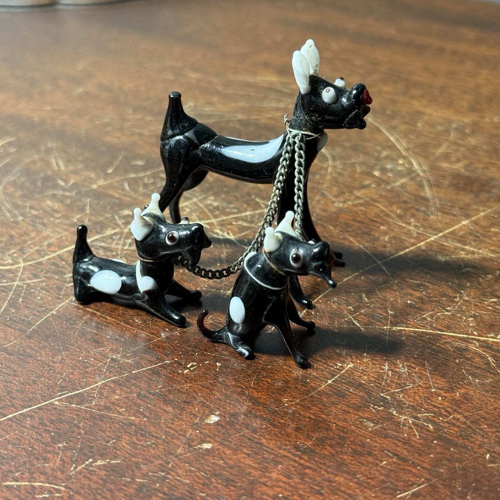 Vintage Miniature Black White Lampwork Glass Puppy Dog Figurine 3 Chained