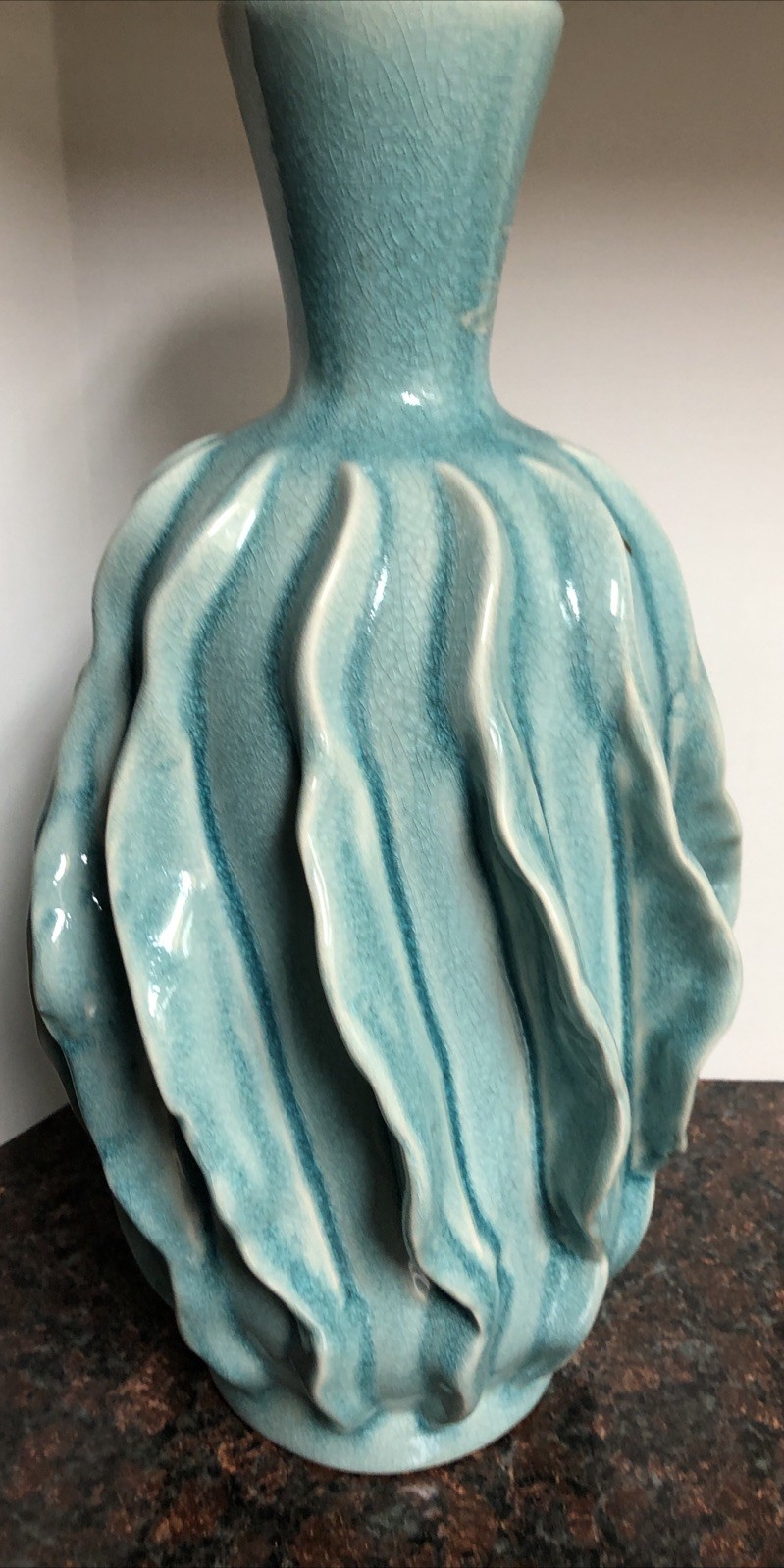 16” Merope Medium Handmade Folk Art Vase Teal Blue Mist Color Crackle Style