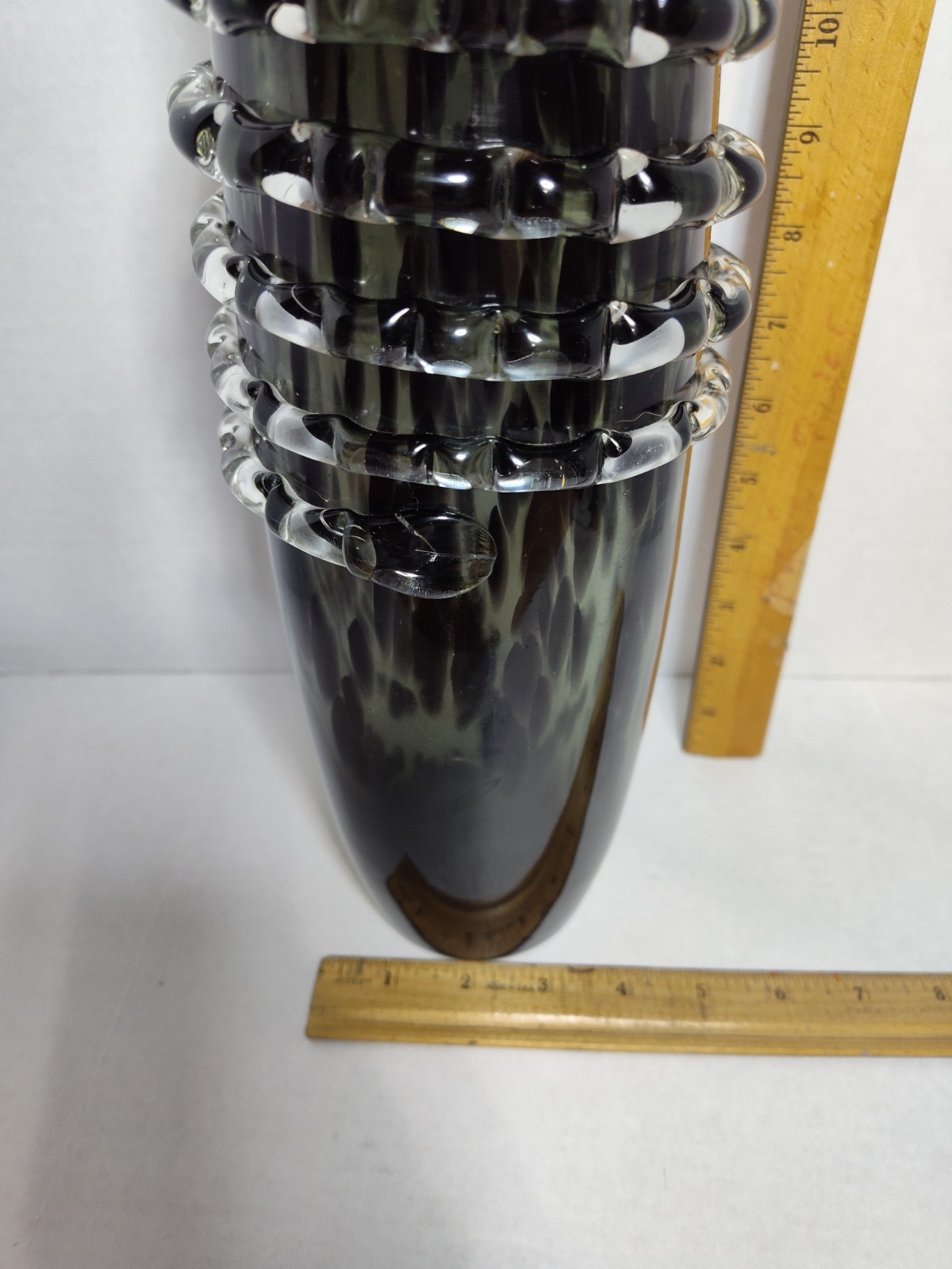 Black Speckled Glass Art Vase With Spiral Skeleton Like Wrap Moody Goth Decor