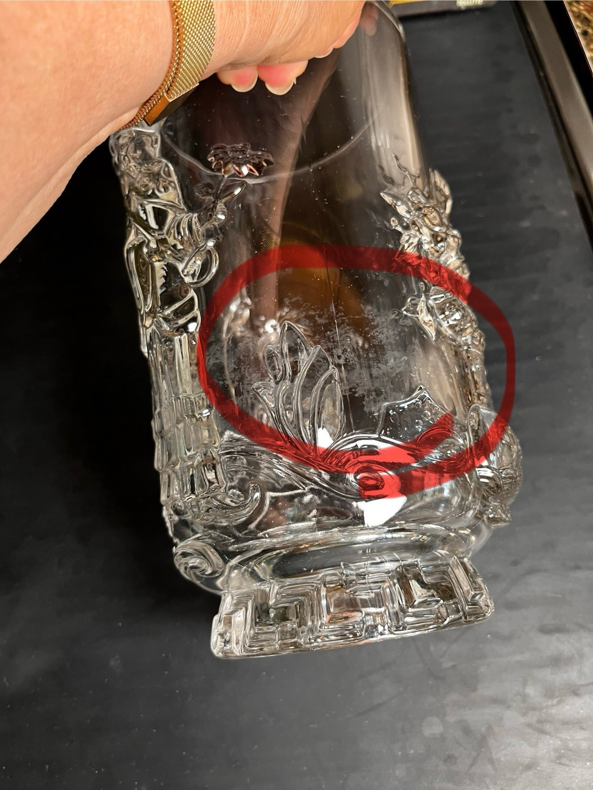 Glass Vase. Mandarin Chinoiserie. 9 1/2″ H Imperfections Inside See Photos