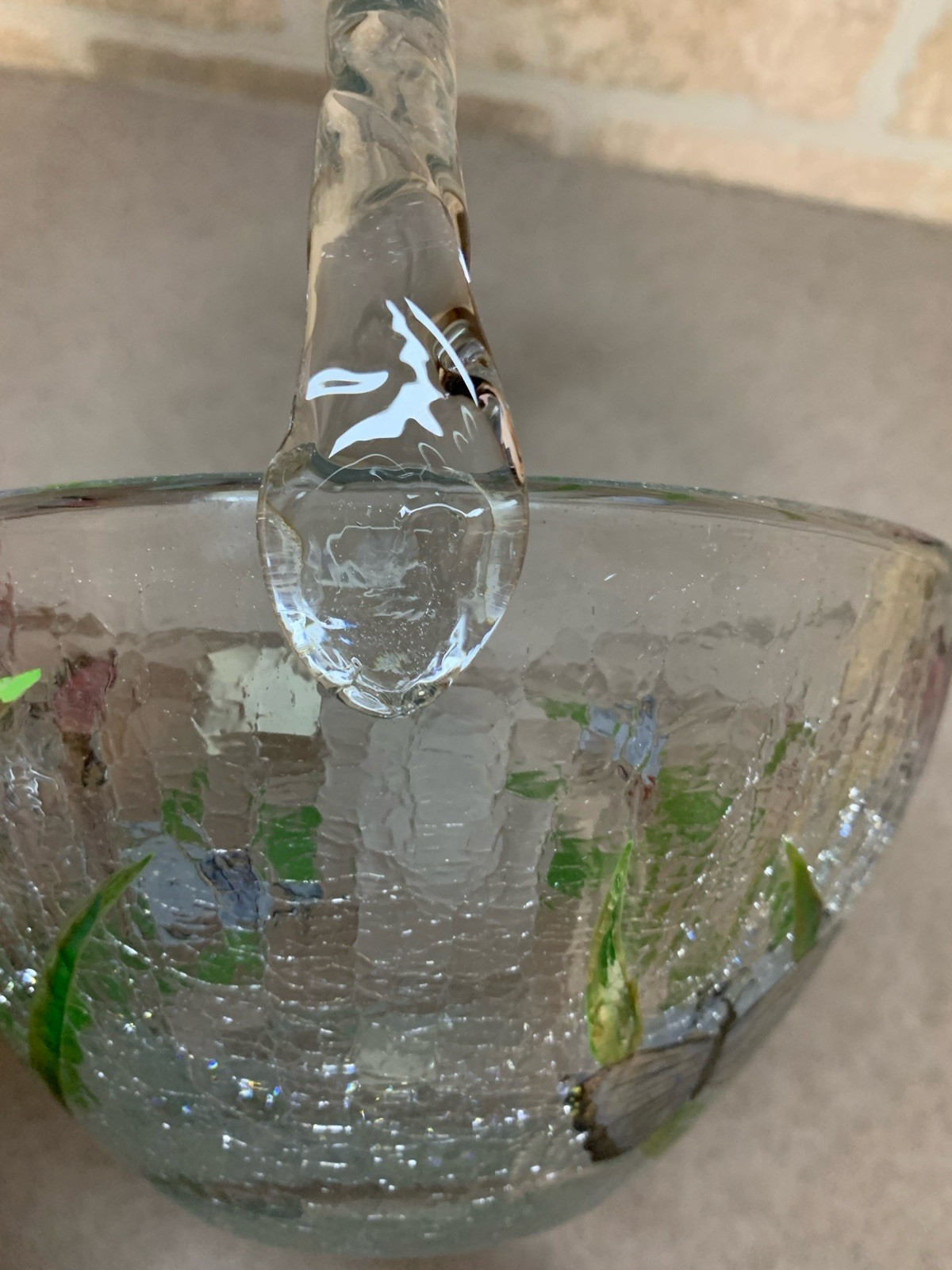 Vintage Fifth Avenue Crystal LTD Romania Crackle Glass Butterfly Basket