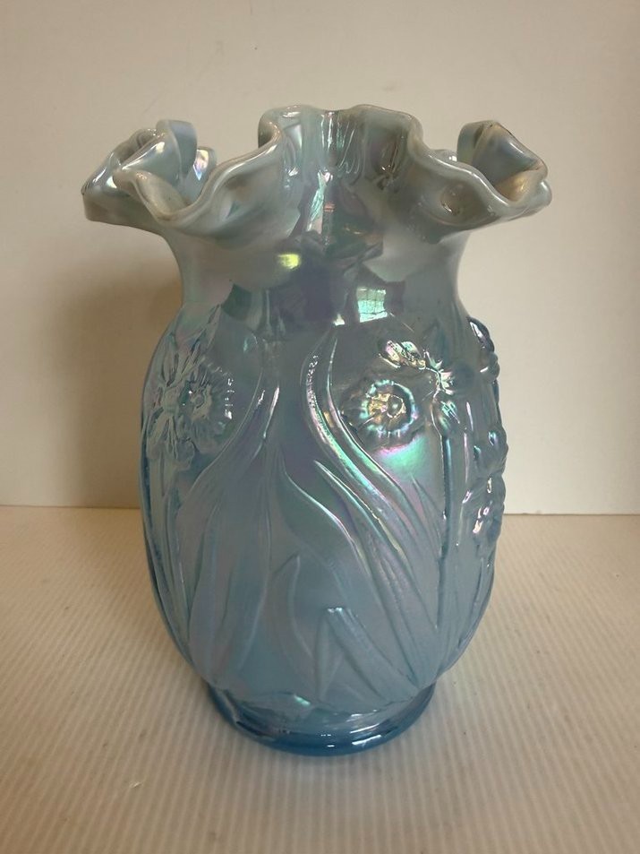Fenton Opalescent Light Blue 8″ Tall Vase with Daffodils Rare Glass Collectible