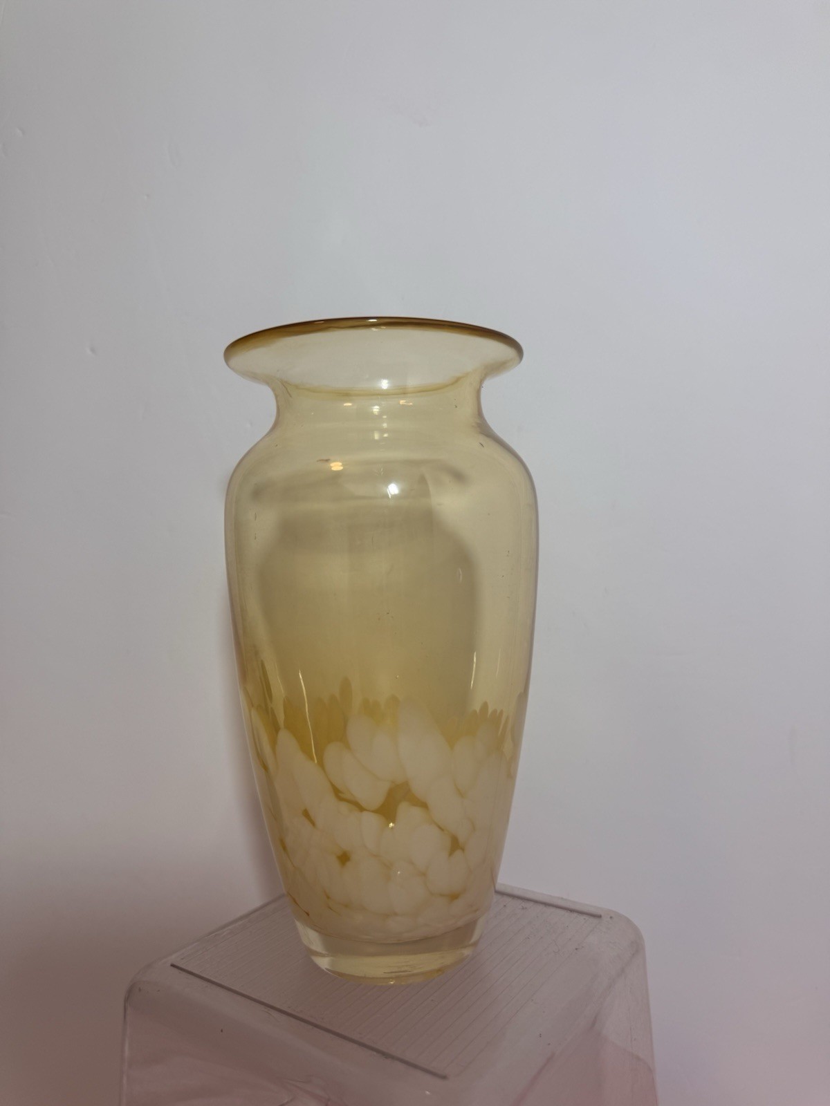 Vintage Blown Glass Vase Yellow And White Decorations Approx 8″ tall