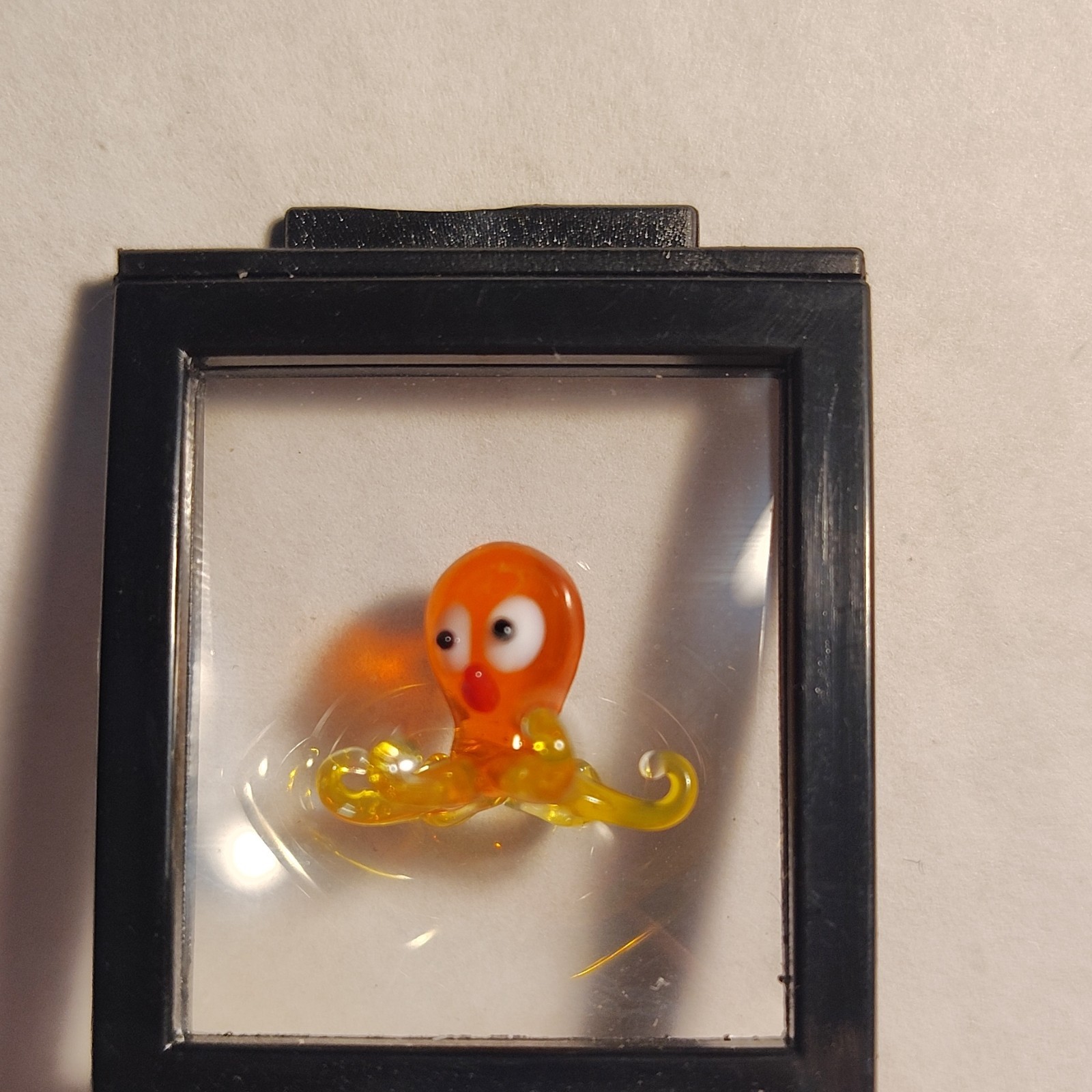 Glass Octopus Figurine Orange & Yellow in Black Display Case, Sea Life Decor
