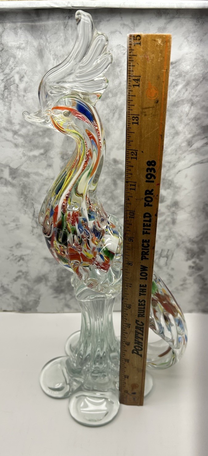 Mid Century Murano Style Art Glass Pheasant/Bird Figurine 15” Multi Colored