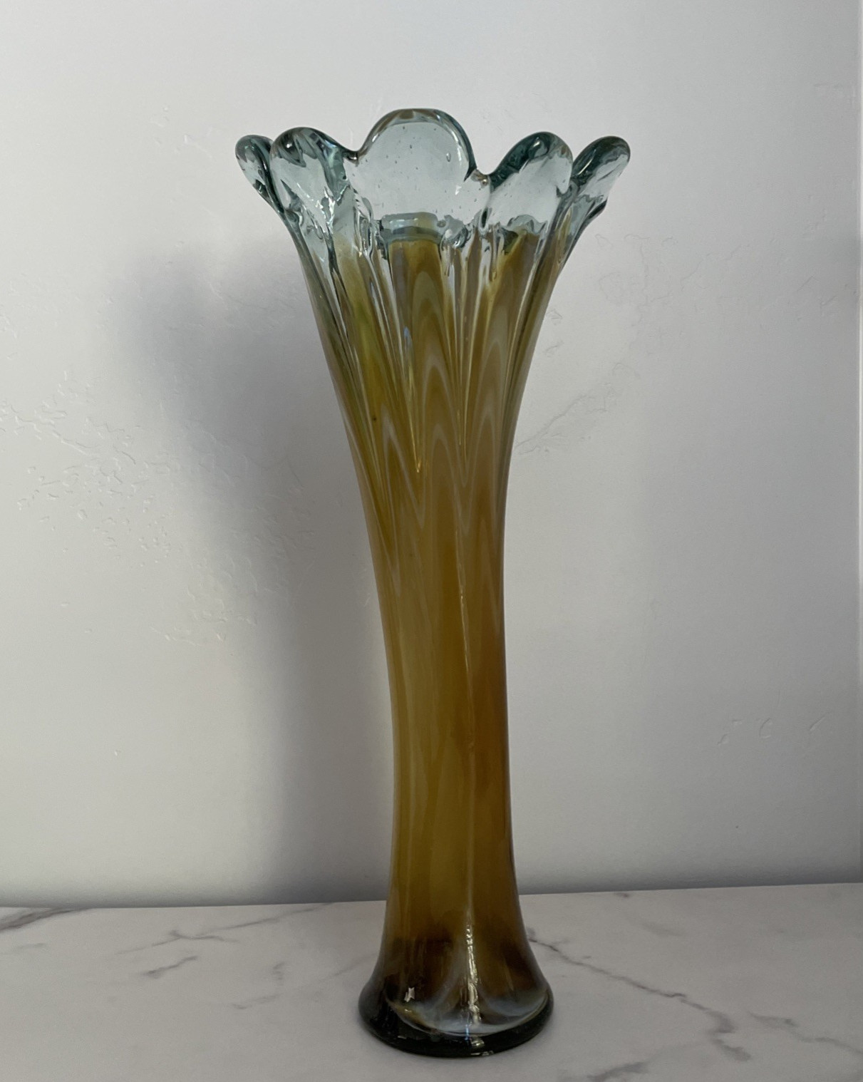 Murano Style Blown Art Glass Vase Venetian Collection Amber Scalloped Top 17″