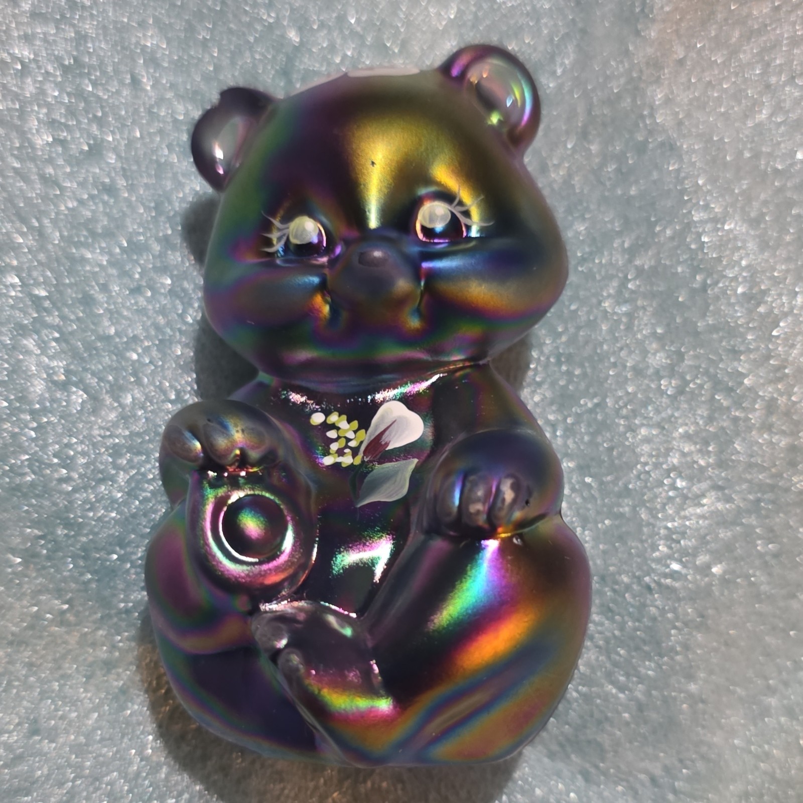 Fenton Hand-Painted Carnival Glass Bear Figurine Floral Signed Shelley