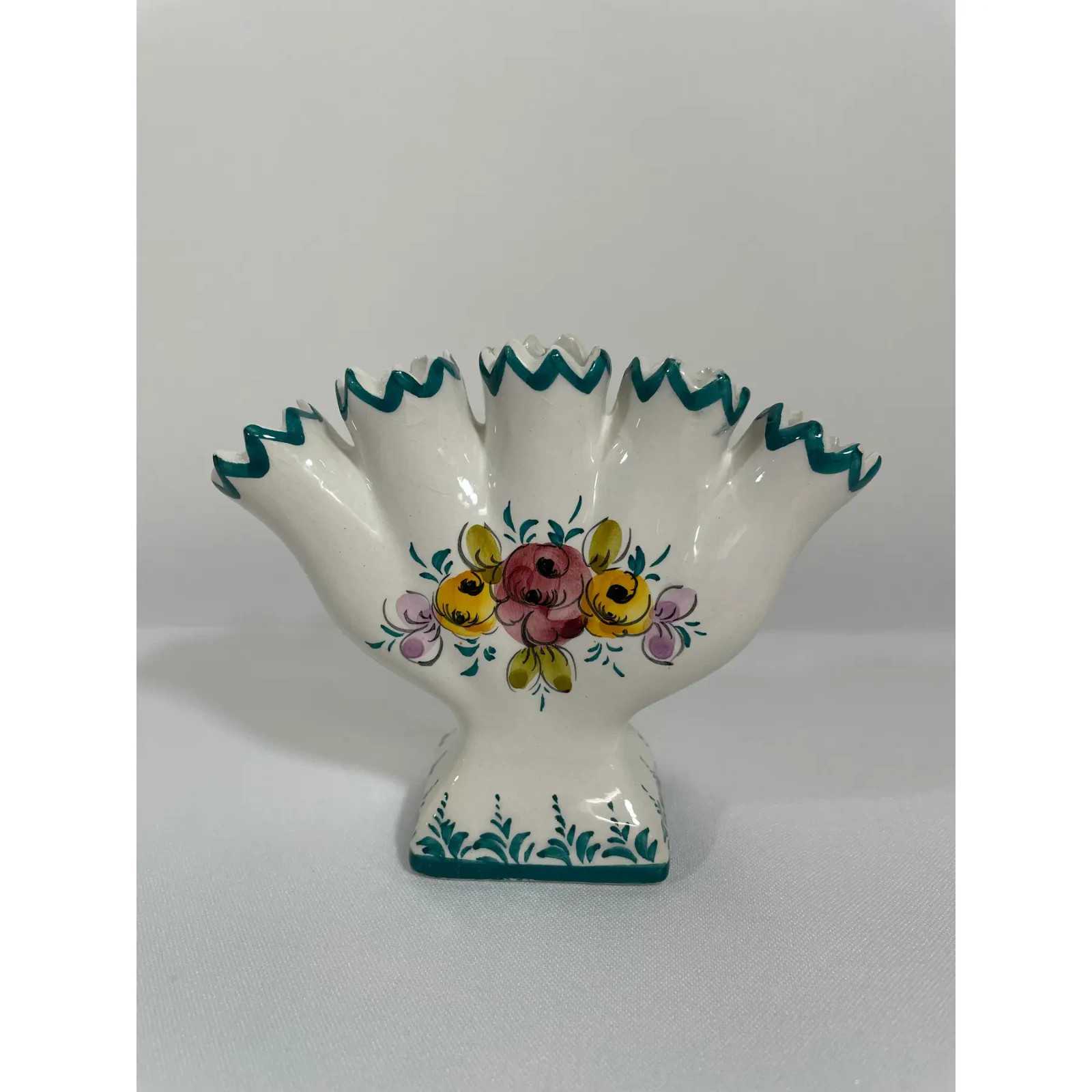 Mid 20th Century Portuguese Petite Majolica Five Finger Tulip Vase Tulipiere