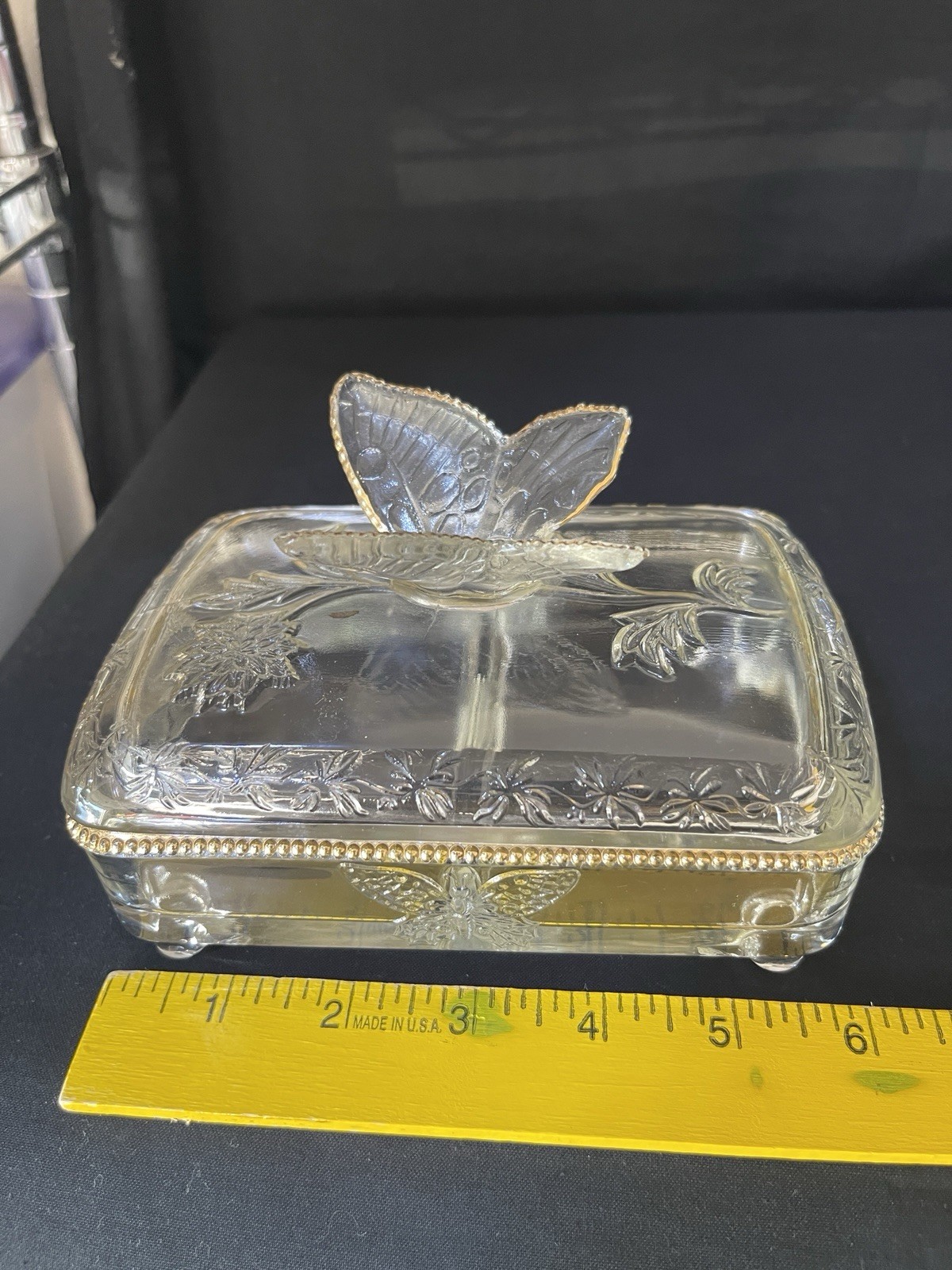 Vintage Jeannette Glass Butterfly Clear Cigarette Box Gold Trim Beaded Footed