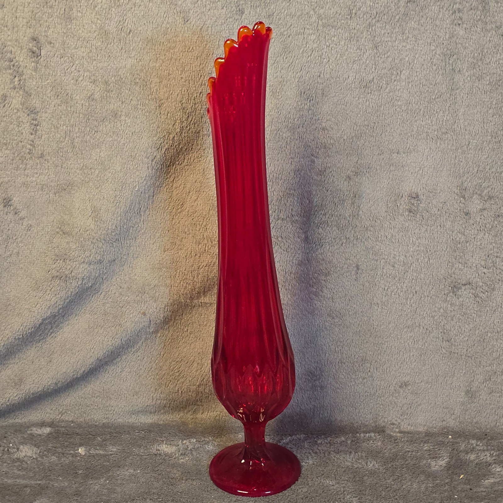 Vintage Fenton Glass Ruby Red Swung Vase Six Petal Footed Mid Century Modern Art