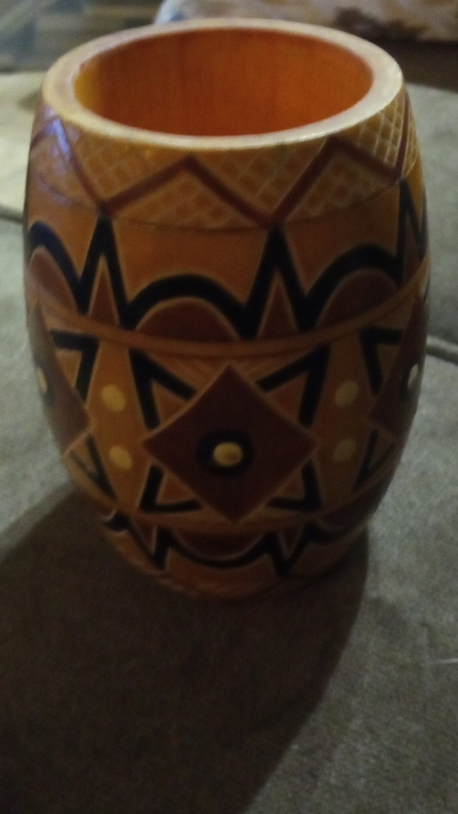 vintage Geometric Pattern Wooden Vase Brown Black Yellow White Decorative