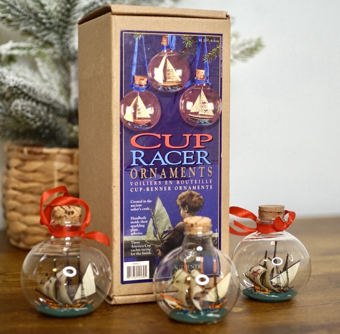 3 Vintage Cup Racer Ornaments Glass Authentic Models Sailing Ship Nautical 2.5”