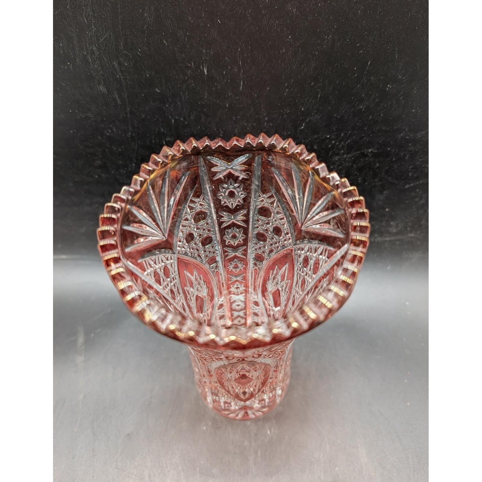 Vintage Crystal De Arques Ruby Red Cut Clear Glass Vase Sawtooth Starburst 6.75″
