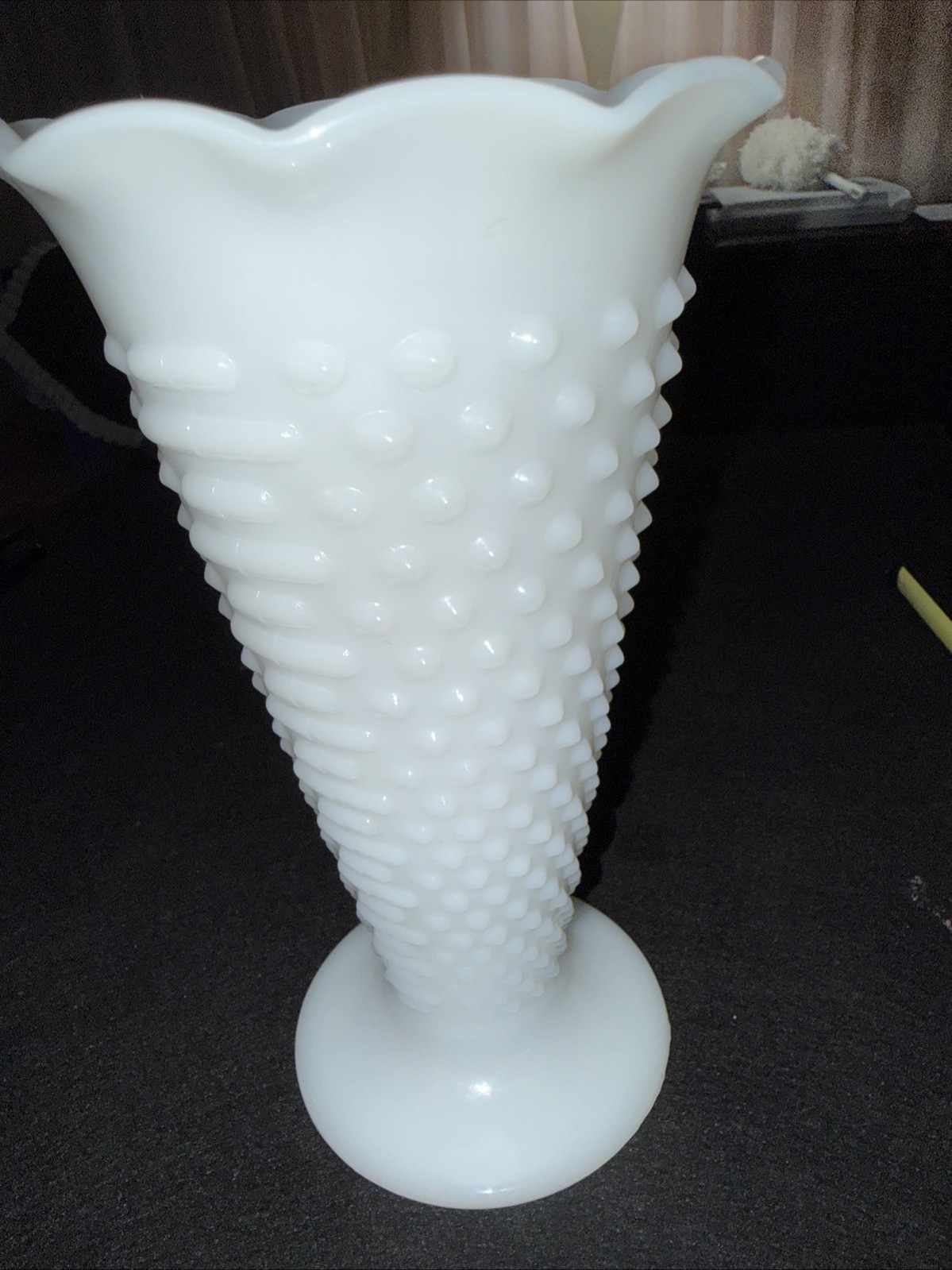 Vintage White Milk Glass Hobnail Swirl Vase Scalloped Rim Pedestal 10” Tall
