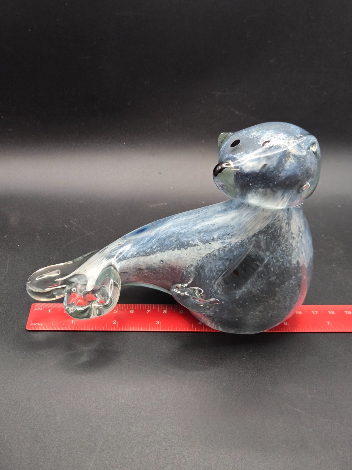 Murano Style Art Glass Seal Hand Blown Paperweight Beady Eyes 6.5″