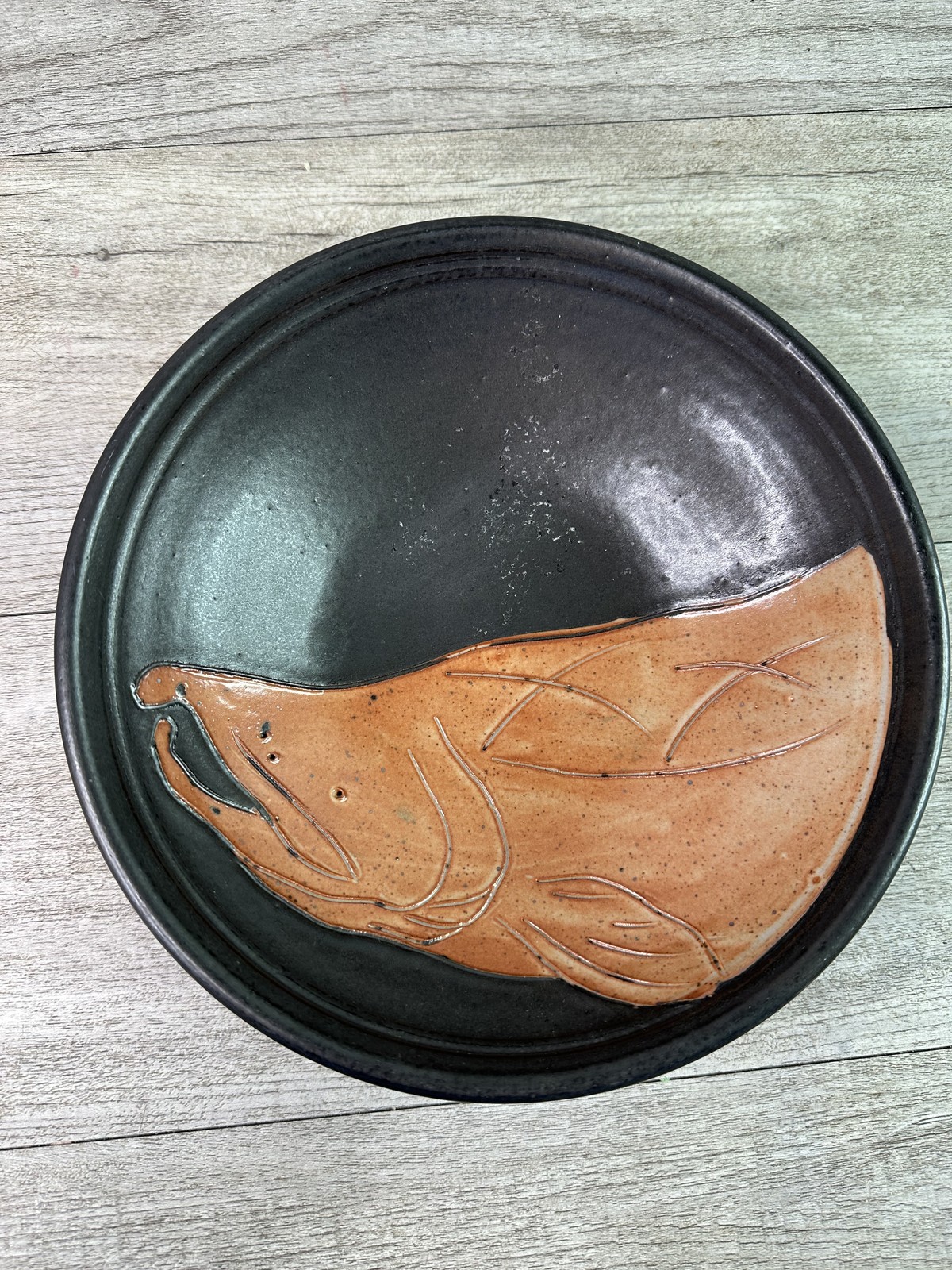 Handmade Ceramic Salmon Sculpture Plate Bowl Black Terra Cotta Signed