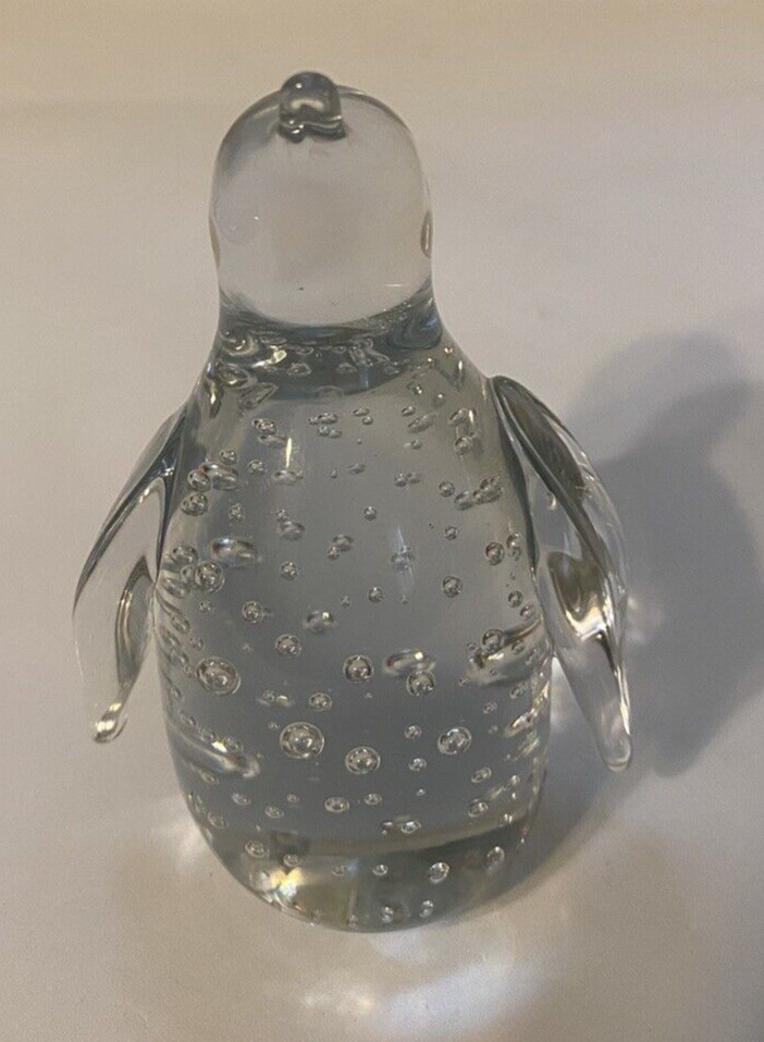 Jasco Art Glass Penguin Paperweight Controlled Bubbles Clear Made in Taiwan