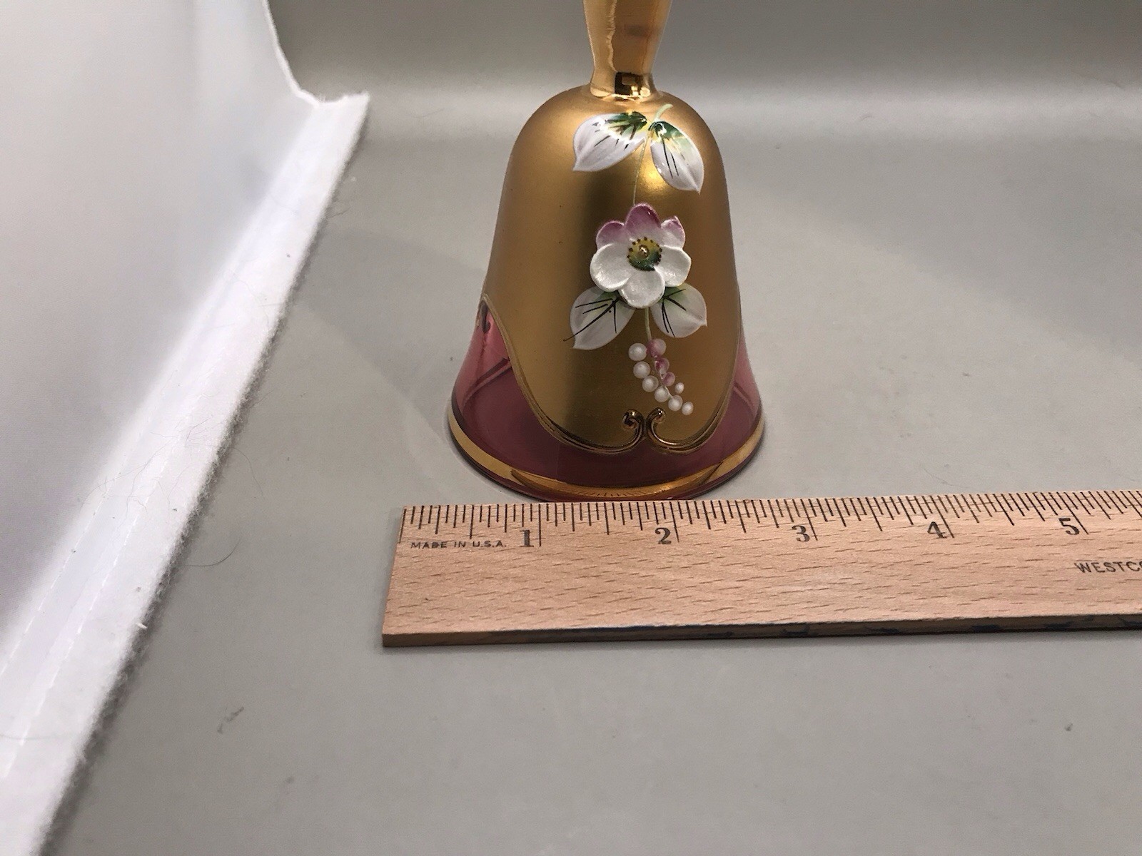 Bohemia Glan Made In Czechoslovakia Cranberry Bell With Gold And White Flower