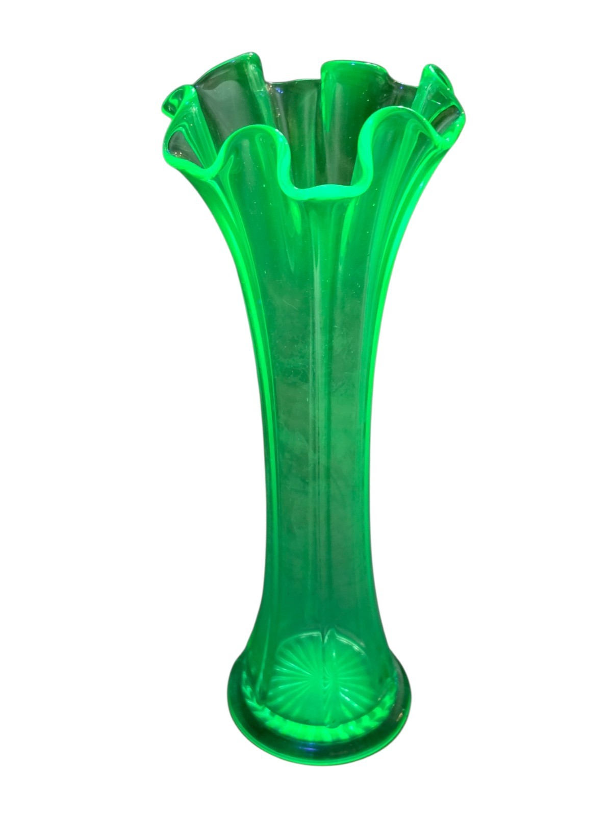 Vintage Uranium Glass Swung Bud Vase Fine Rib 11” Tall Vaseline Glass MCM Glows