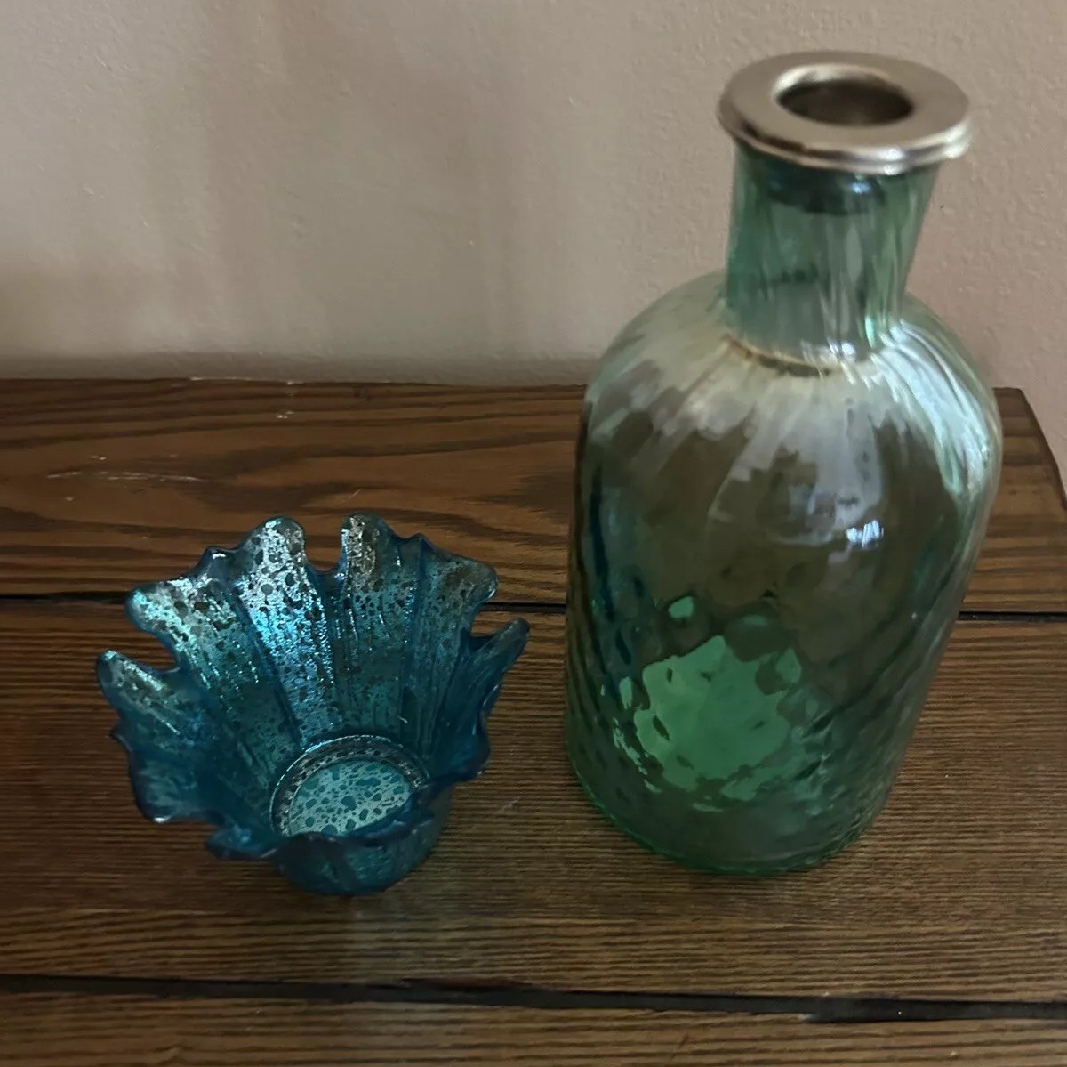 Pier One Two Aqua Blue Glass Bottle Votive Candle Holder Water Ocean Iridescent