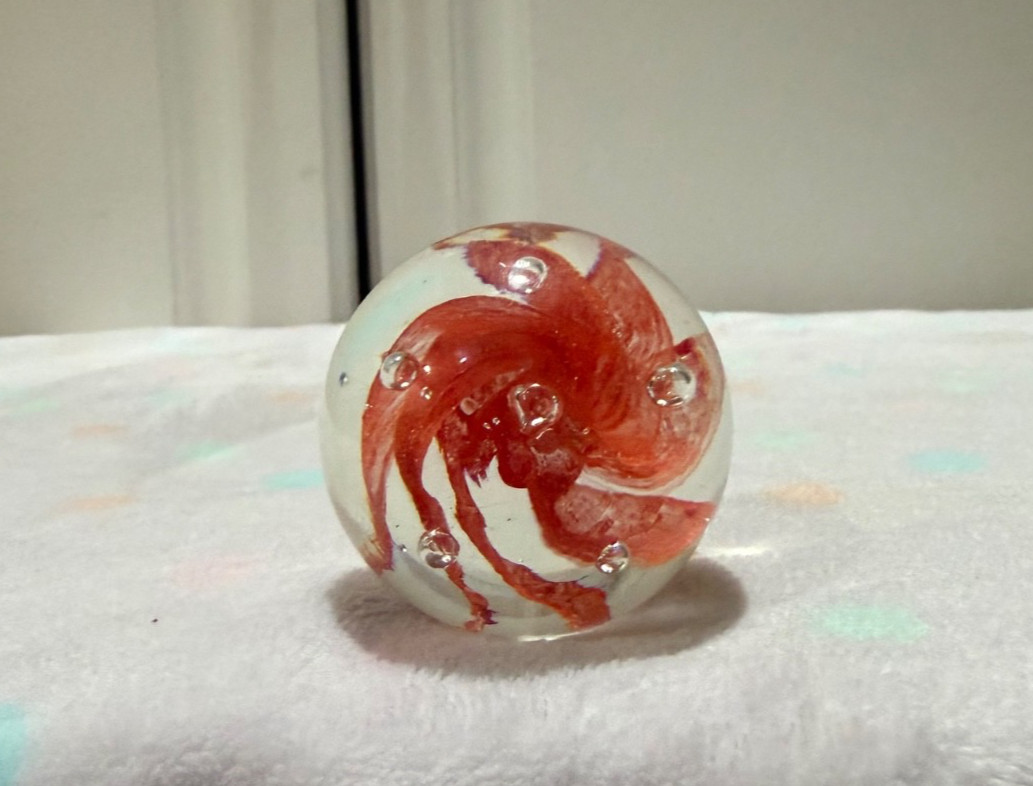 Vintage art glass paperweight Murano Style Orange Flower Encapsulated Sphere